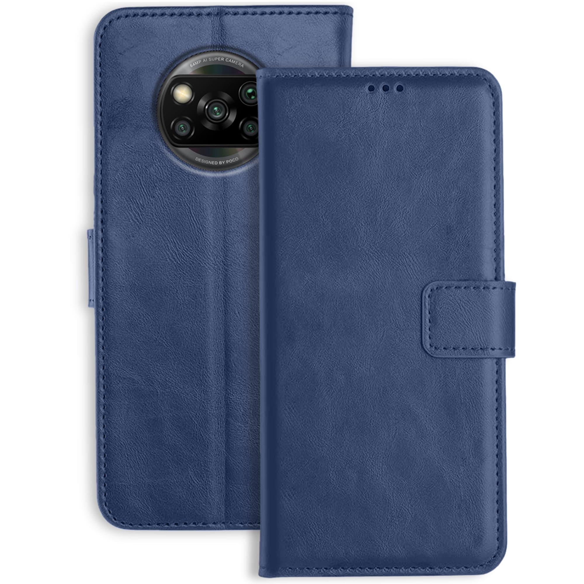 Orosky Poco X3 Flip Back Cover Case | Inbuilt Stand & Pockets | Magnetic Shockproof Leather Wallet Style Flip Case for Poco X3 (Blue)