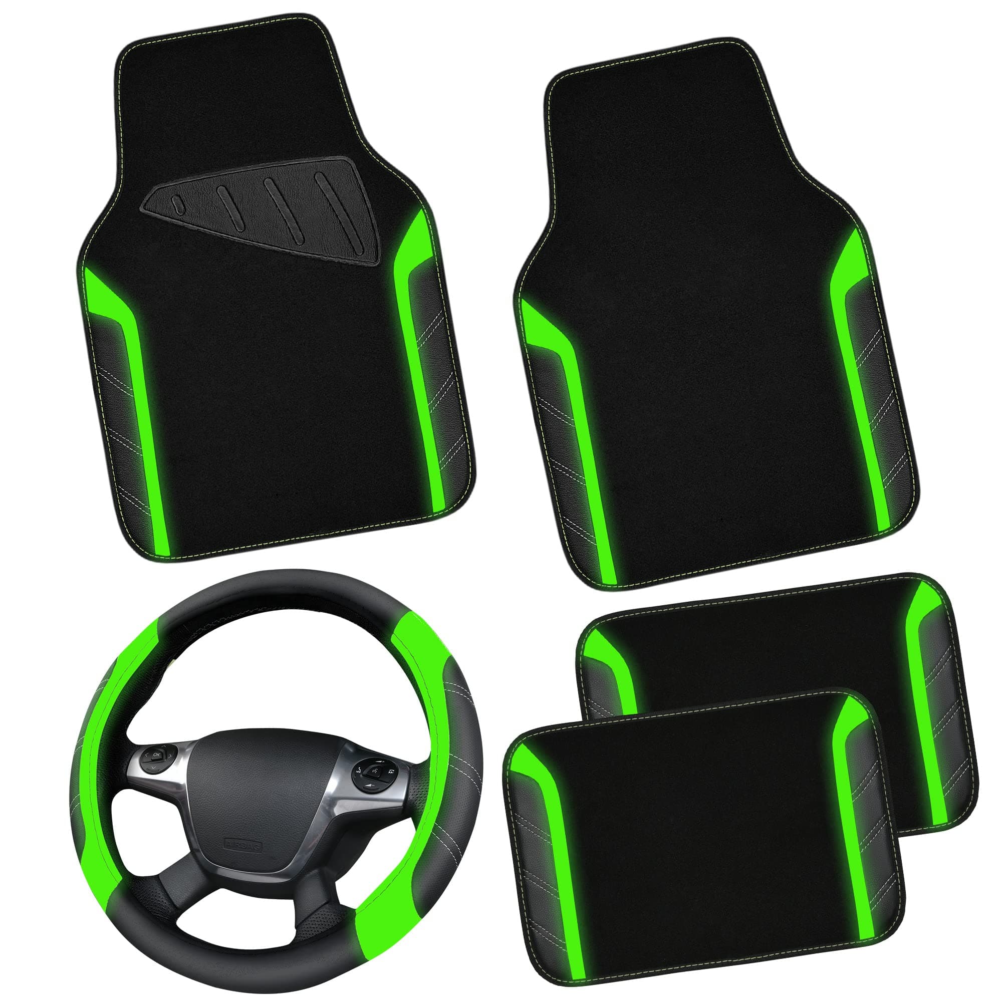 CAR PASS Leather Steering Wheel Cover and Waterproof Car Floor Mats,Microfiber Universal Car Combo Fit for 95% Sedan,SUV,Cars,14.5-15inch Sporty Anti-Slip Comfortable Design(Black＆Fluorescence Green)