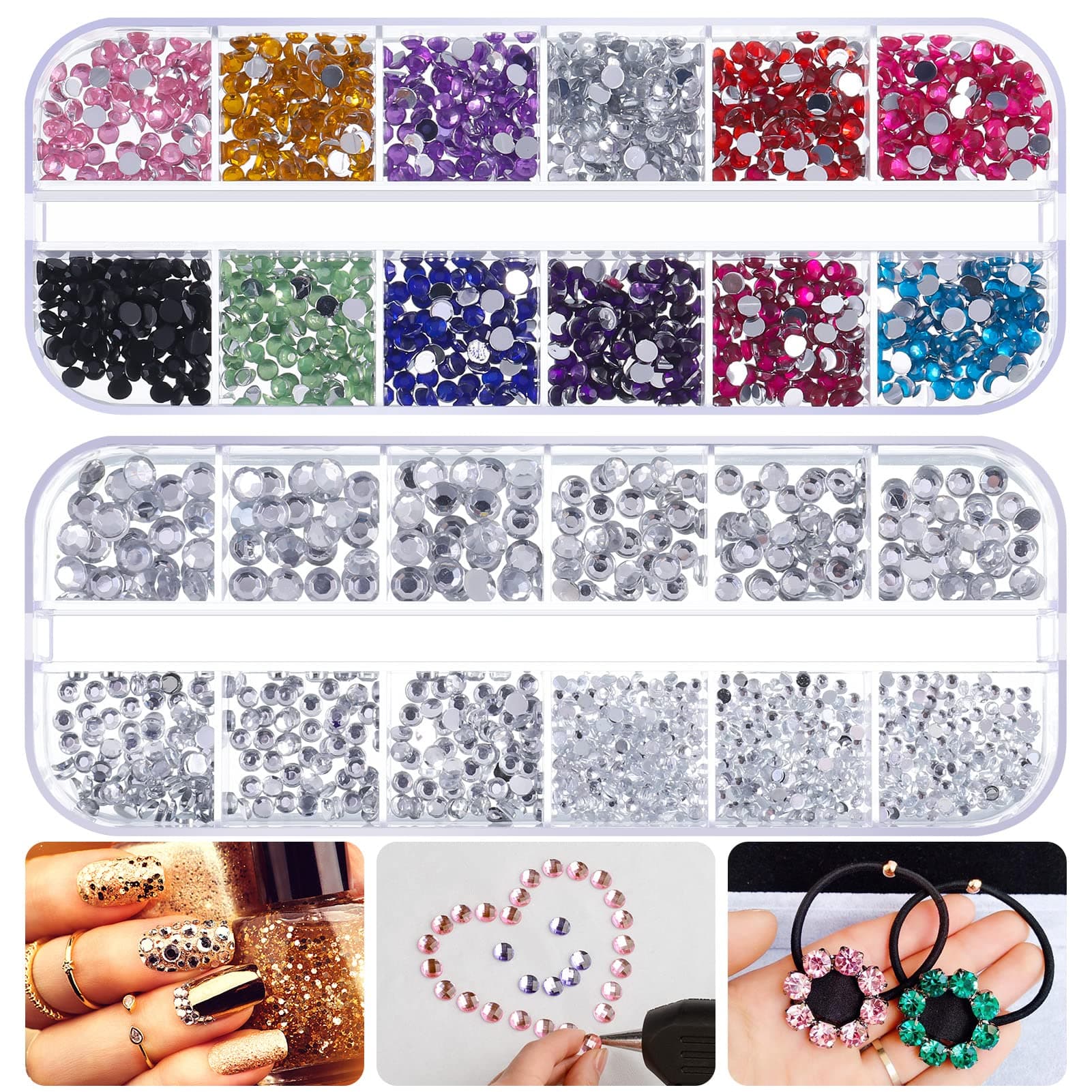 2 Boxs Crystal Rhinestone, Rhinestones for Craft Diamante Gem Crafts 4-color Silver+ 12-color Round Diamond for Crafts Nail Art Clothes Shoes Bags
