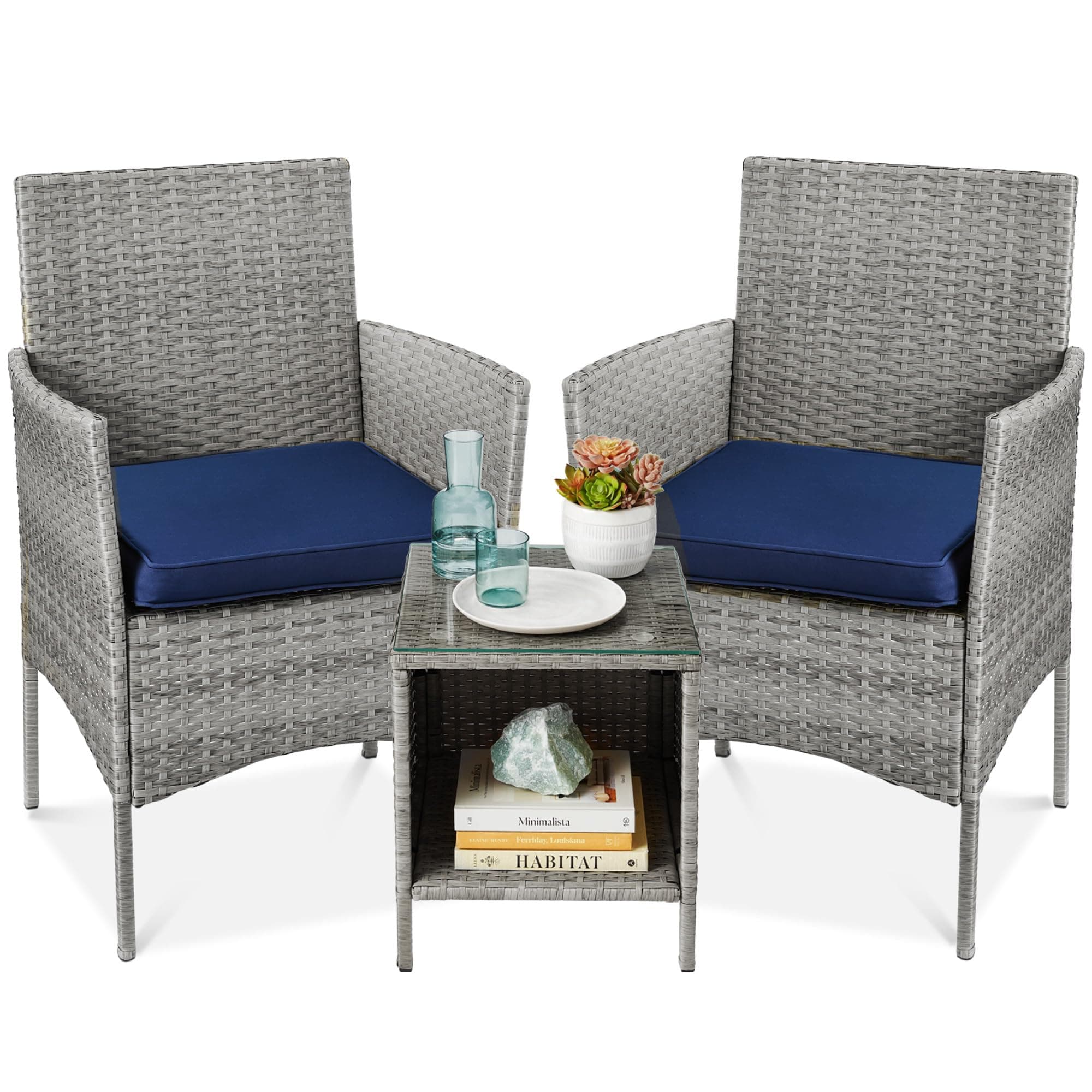 Best Choice Products 3-Piece Outdoor Wicker Conversation Bistro Set, Space Saving Patio Furniture for Garden w/Side Table - Gray/Navy