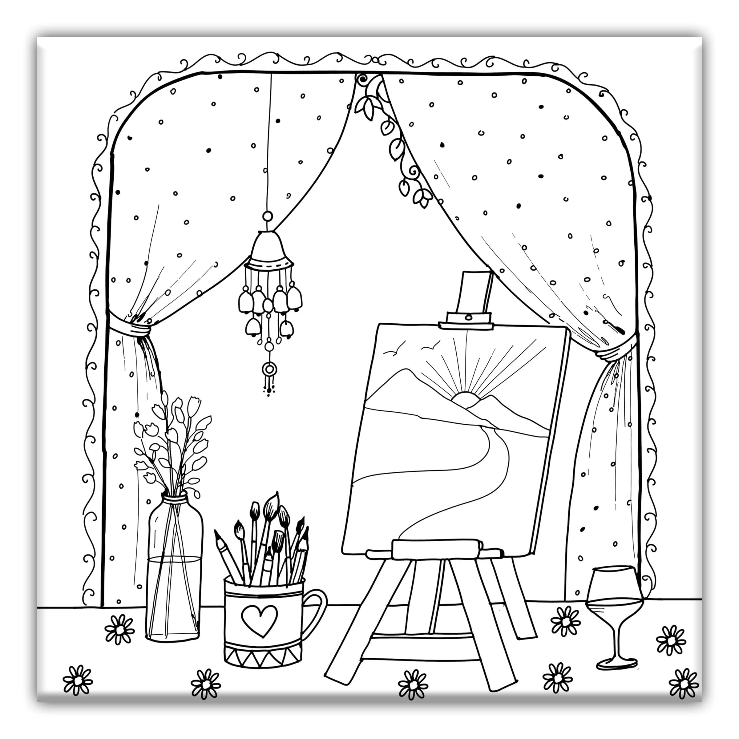 Artist Desk Coloring Canvas for adults, Stretched primed canvas 8 x 8 Inches | Premium Handmade Coloring Canvas | Art and Sip Party, DIY Kit, Party favor | Easy & fun drawings to color | Wall Art…