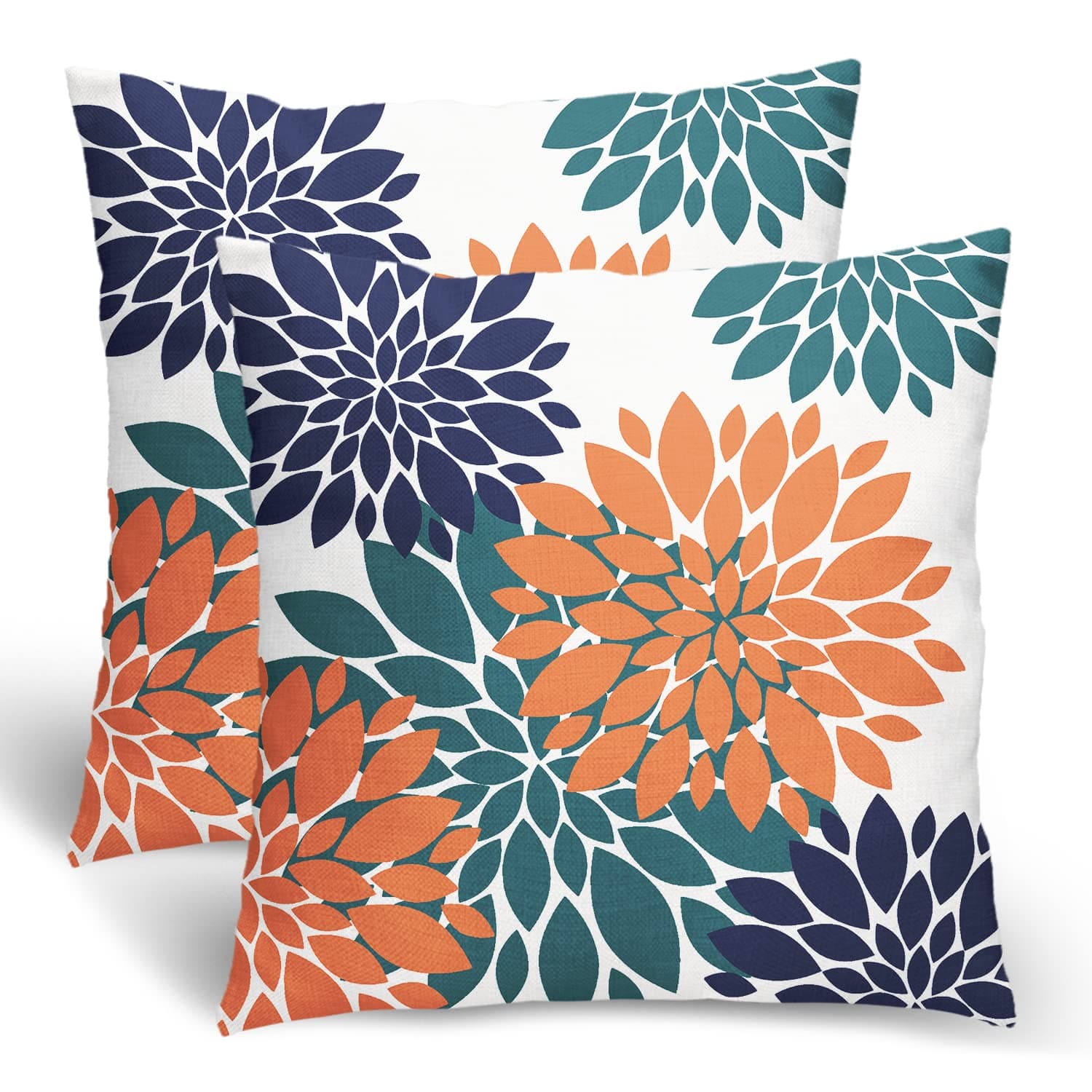Burnt Orange Navy Blue Teal Pillow Covers 18x18 Inch 2 Pcs,Modern Geometric Dahlia Decorative Throw Pillows for Couch,Summer Flower Outdoor Decor Pillowcase Square Cushion Cover Gift for Bed Car
