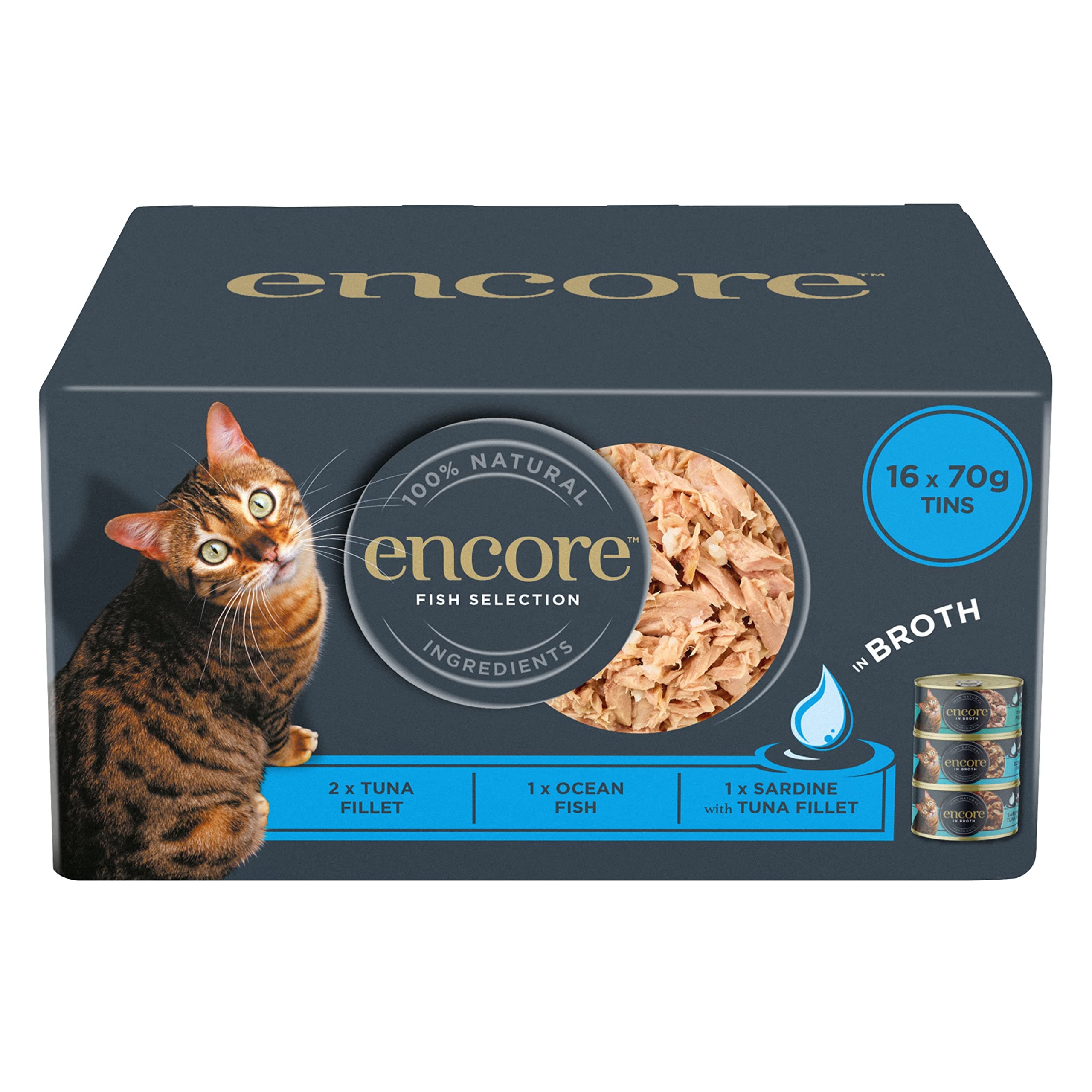 Encore100% Natural Wet Cat Food, Multipack Fish Selection in Broth 70g Tin (16 Pack)