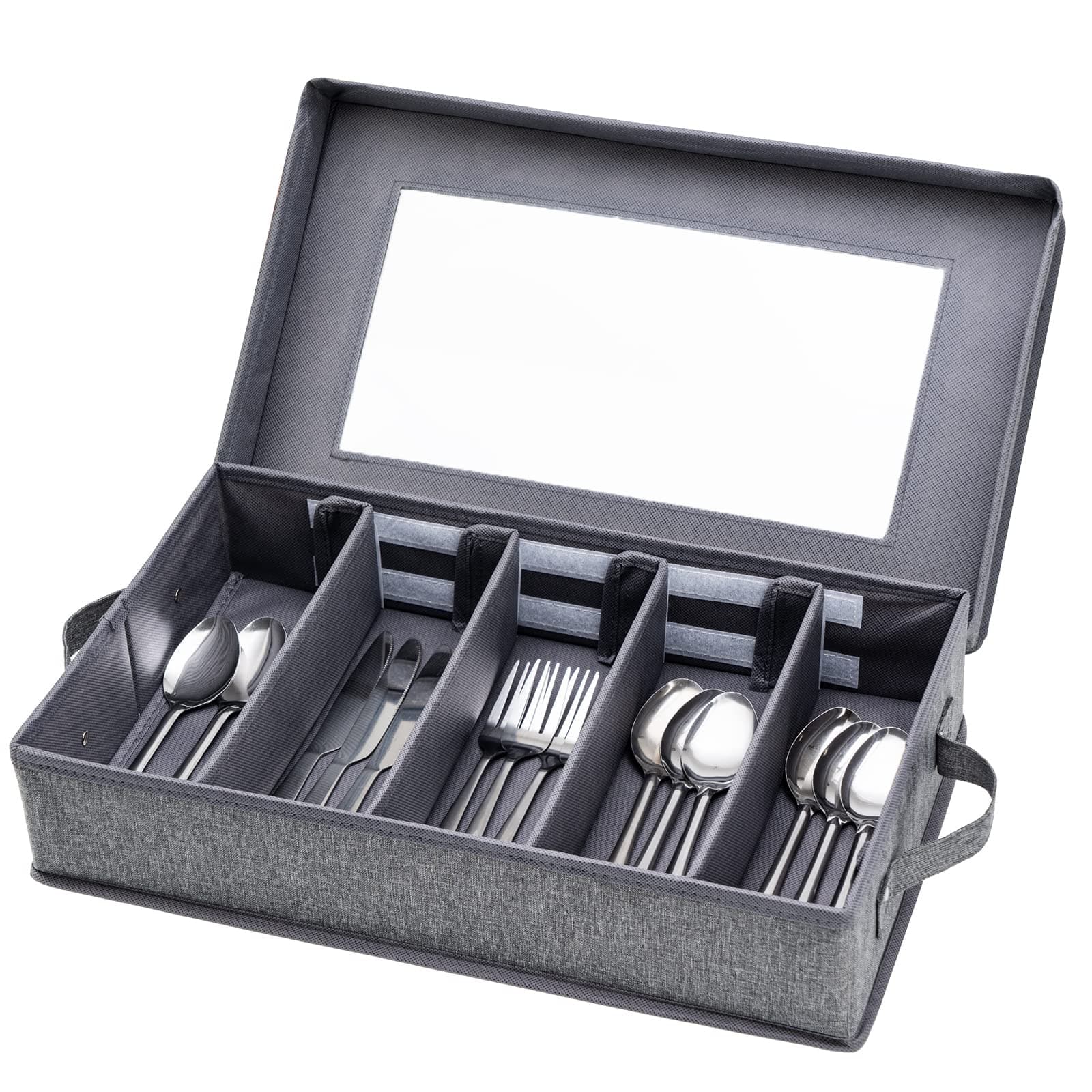 Silverware Storage Box, Flatware Storage, Utensil Storage with Removable Lid and Adjustable Dividers for Organizer Utensils, Cutlery, Flatware, Knives, Large Capacity Gray