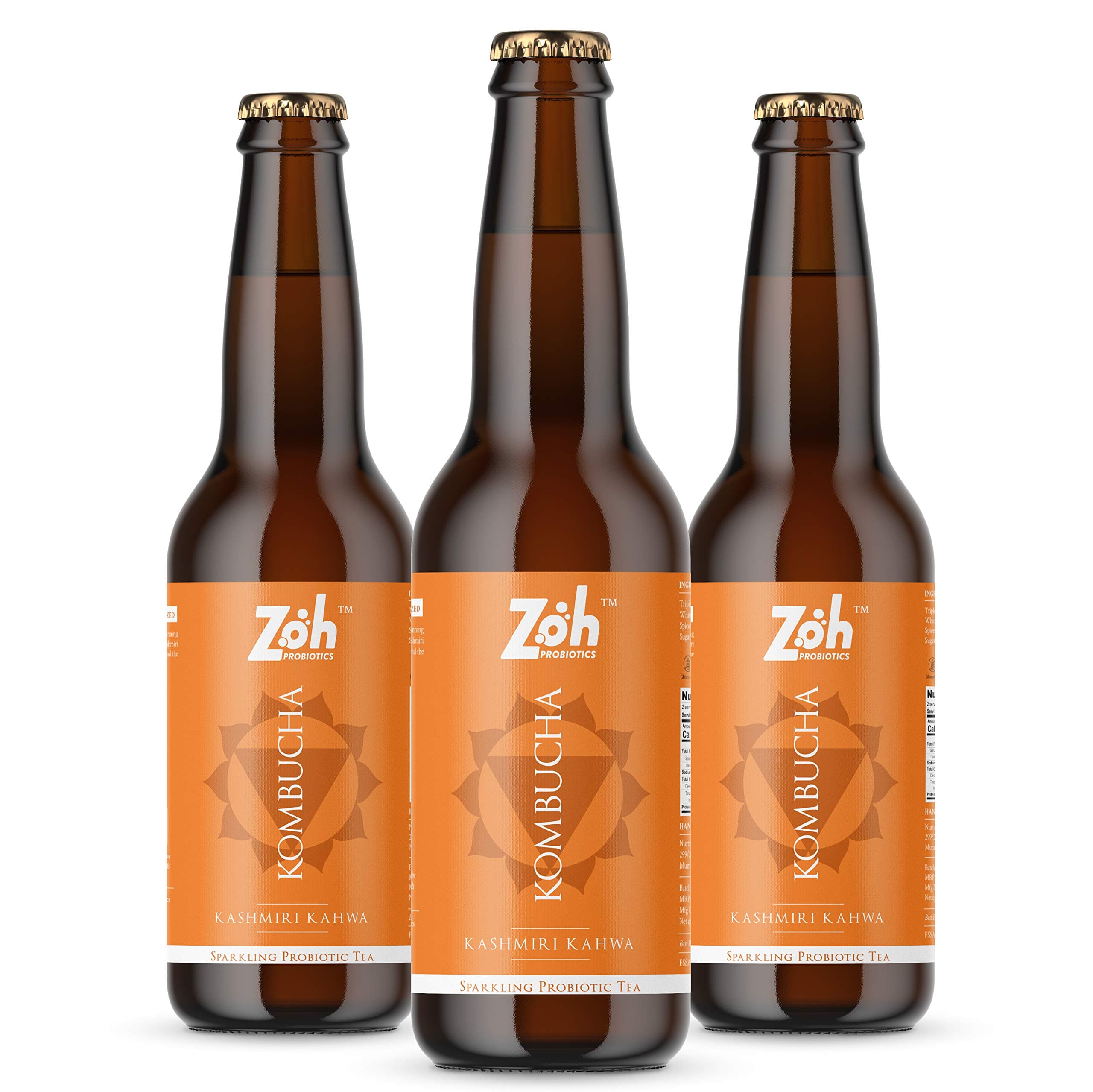 Zoh Probiotics Kashmiri Kahwa Kombucha | Green Tea With And Digestive Enzymes. Raw, Unfiltered, And Unpasteurized With Mother. Made With Saffron & Spices(330 Ml, Pack Of 3)