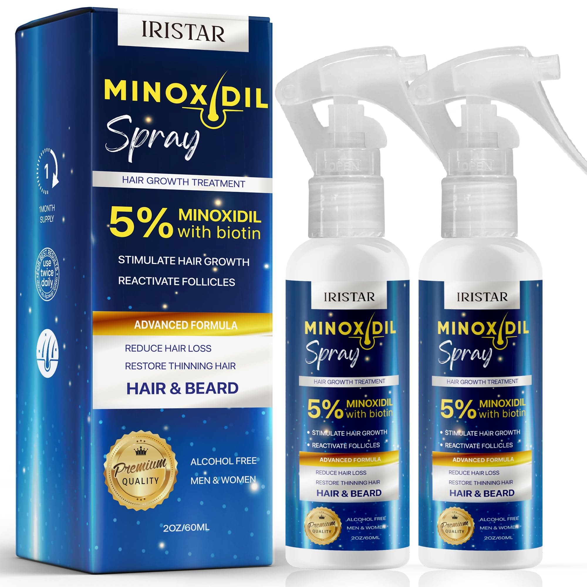 5% Minoxidil for Men Hair Growth Spray, Minoxidil for Women Hair Growth, Minoxidil for Men Beard Growth, Hair Regrowth for Men, Minoxidil 5 Percent, Hair Loss Treatments for Women 60ML X 2Bottles