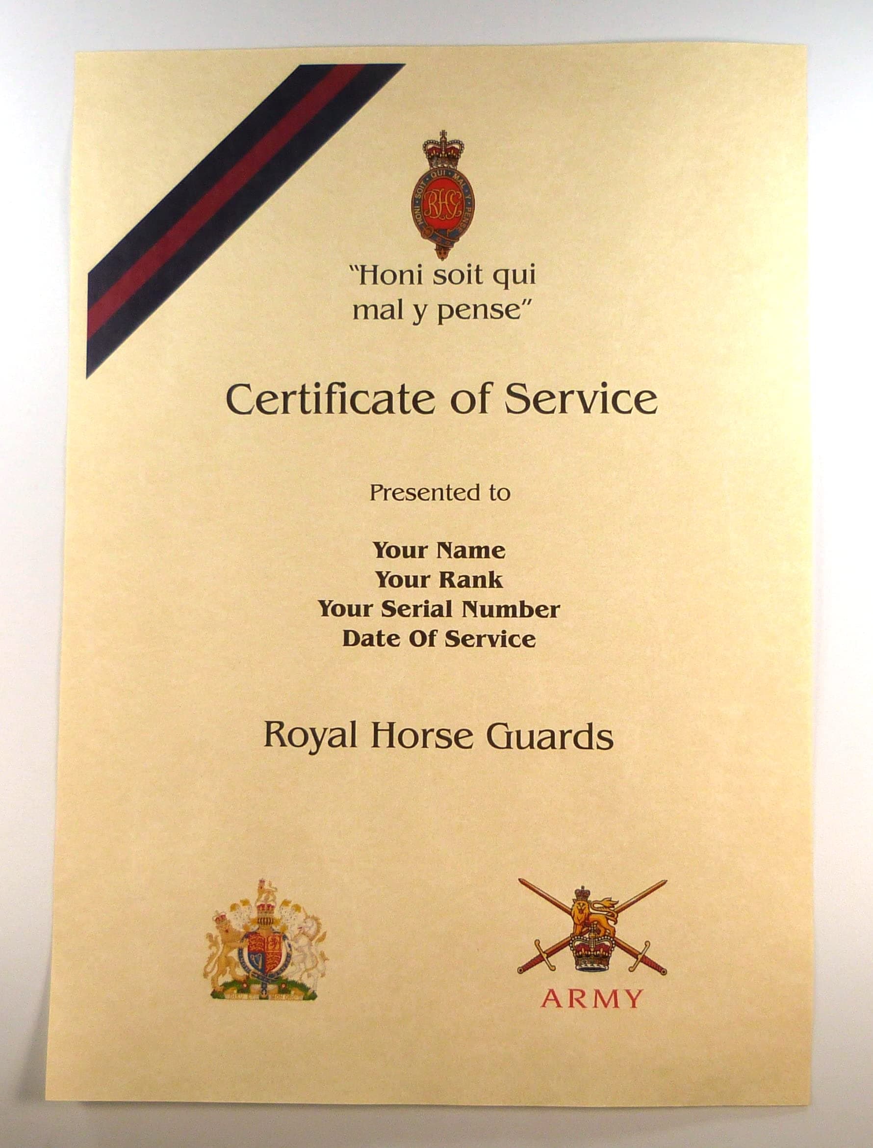 RHG Royal Horse Guards Personalised Certificate of Military Service