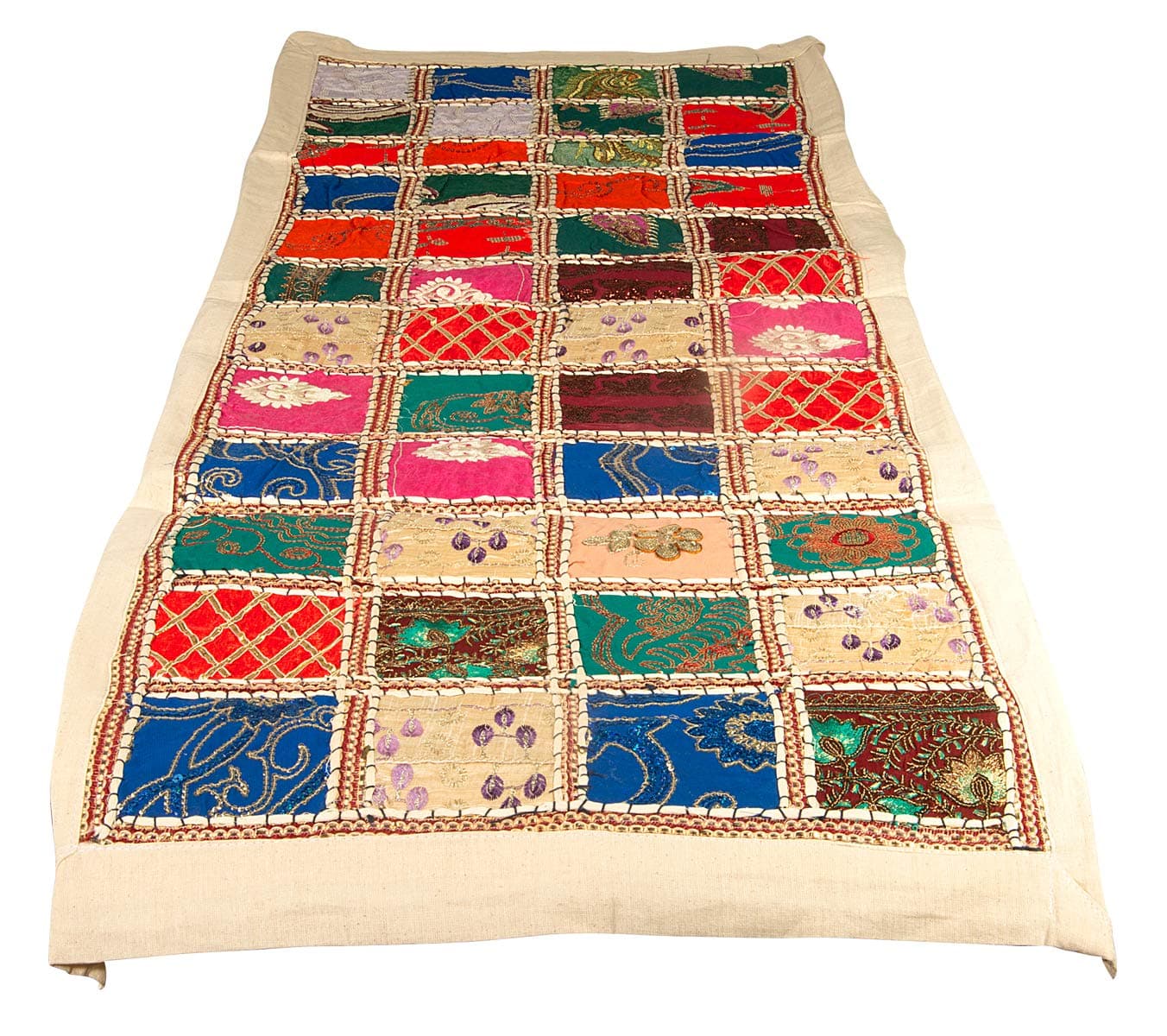 White Table Runner Cotton 18" x 58" Hand Embroidered Boho Bohemian Colorful Patchwork Indian Decoration Decor Tapestry