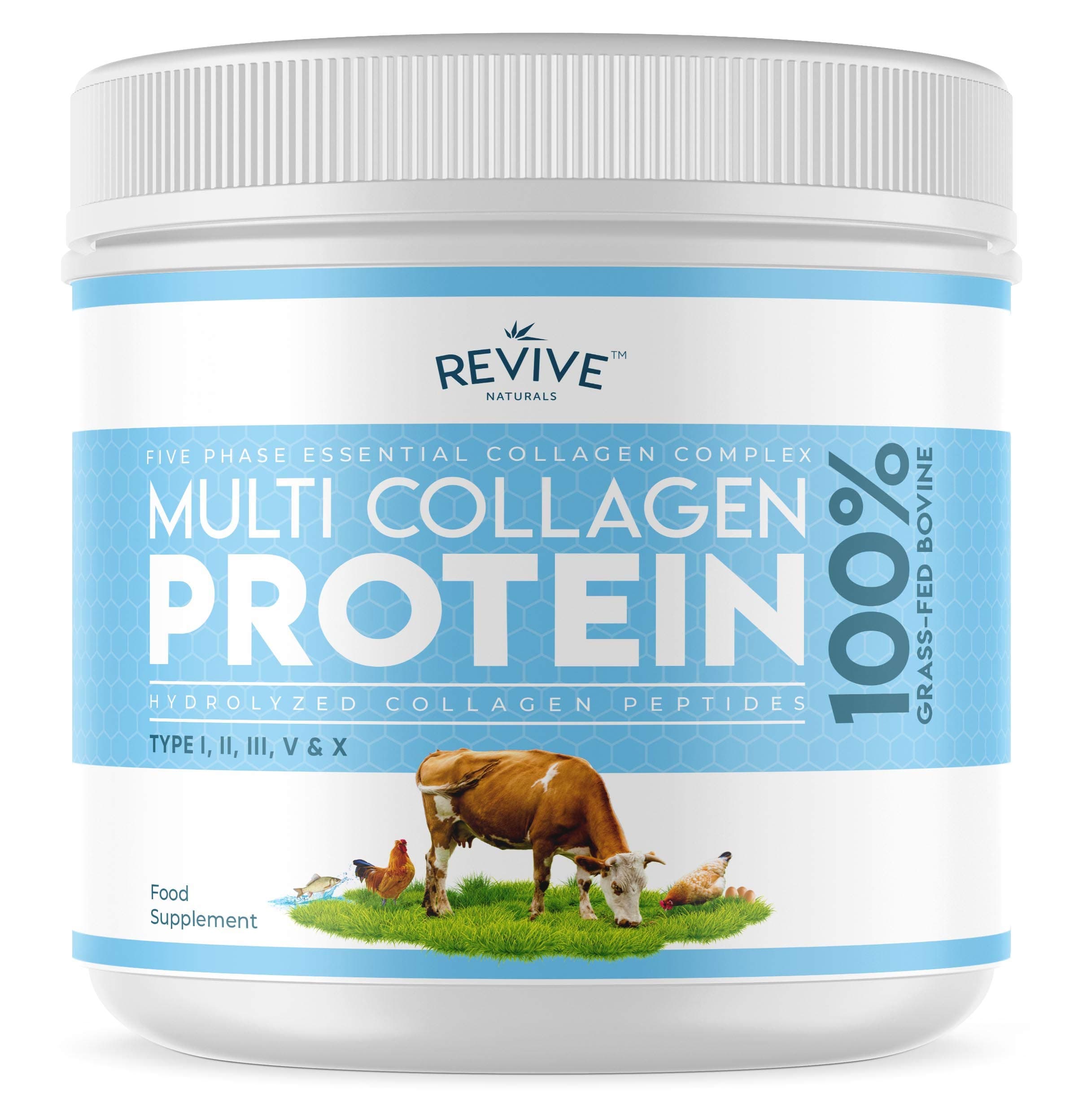 Multicollagen Protein Powder - Types I, II, III, V & X - Hydrolysed Grass Feed Beef, Wild Caught Fish and Free-Range Chicken, Flavourless, Halal - (200 g)