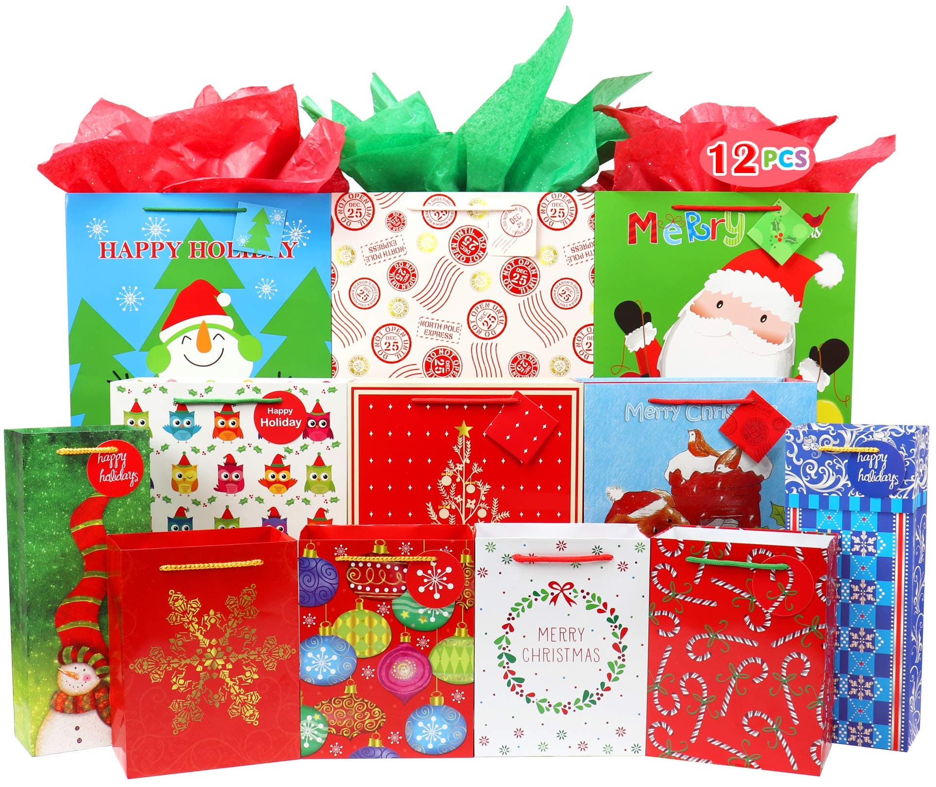 FZOPO Christmas Gift Bags Bulk Set Includes 3 Extra Large 3 Large 2 Bottle 4 Medium with Tags and Handles Christmas Print Gift Bags Assorted Sizes for Wrapping Holiday Gifts