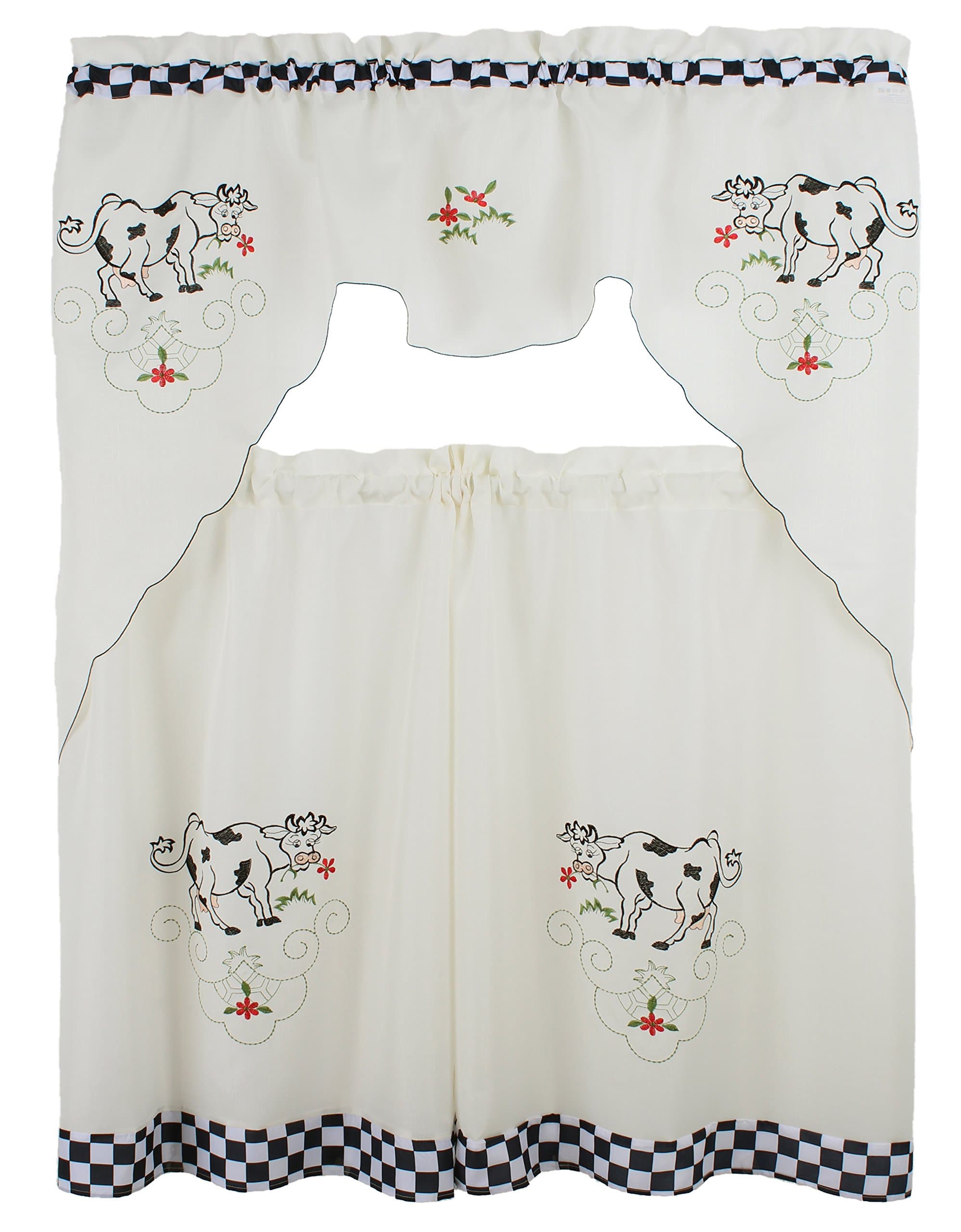 Venice Collections Cow Kitchen Curtain with Swag and Tier Set 36 inch with Checkers Design