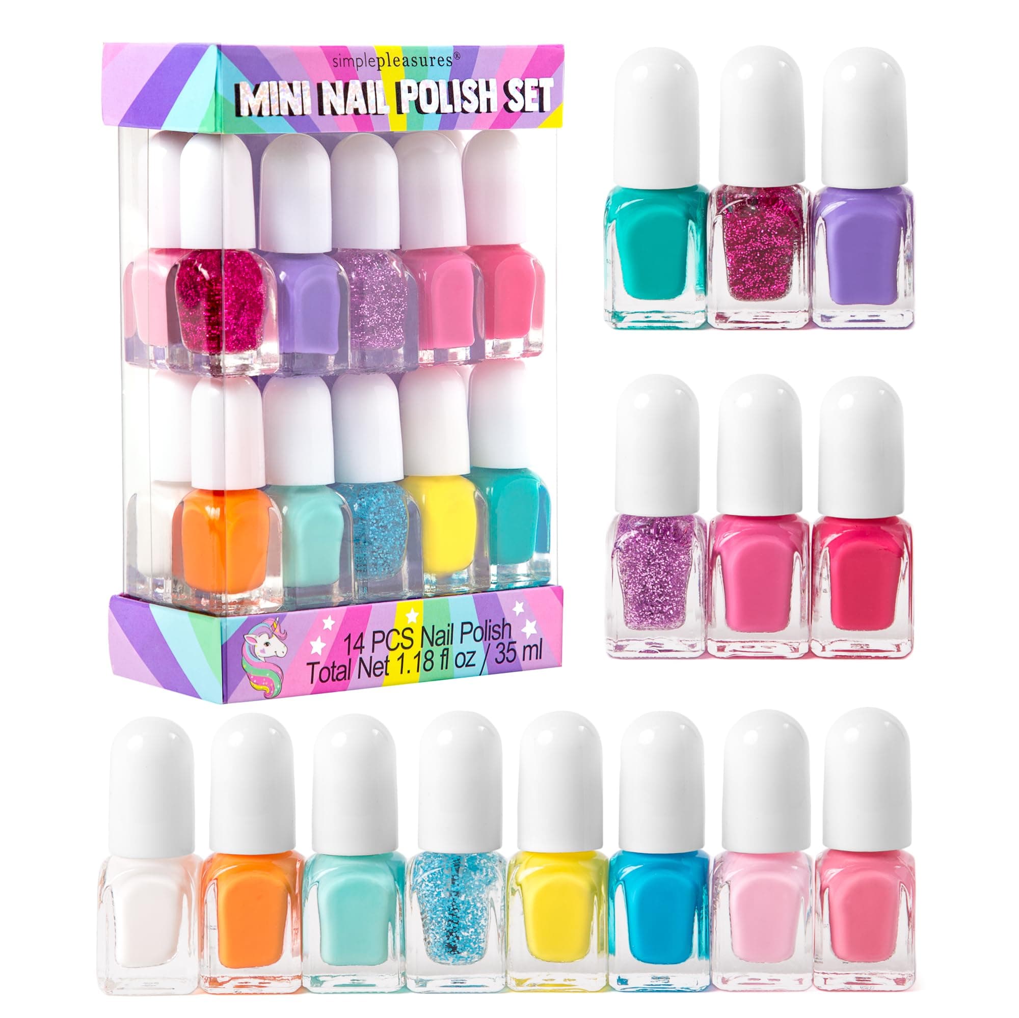 SIMPLE PLEASURES Rainbow Glitter Kids Nail Polish Set for Girls – 14 Water-Based Non -Toxic Nail Art Kit - Gift Set for Ages 7-12