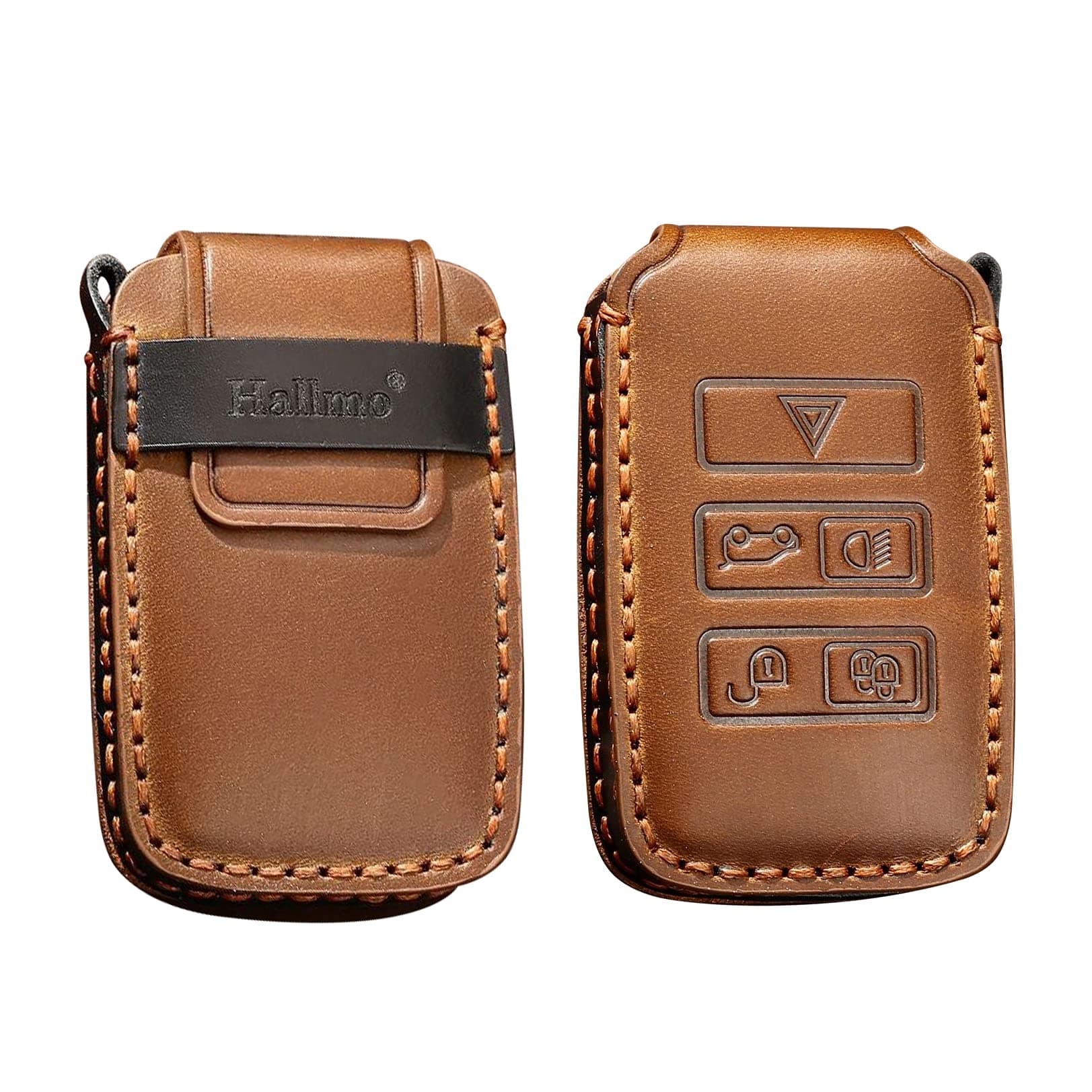 HIBEYO For Land Rover Leather Key Car Fob Cover Holder Protector for Range Rover Sport Evoque Velar Discovery 5 2018 2019 5-Button Remote Car Key Case Keyring Key Chain Key Ring（brown）