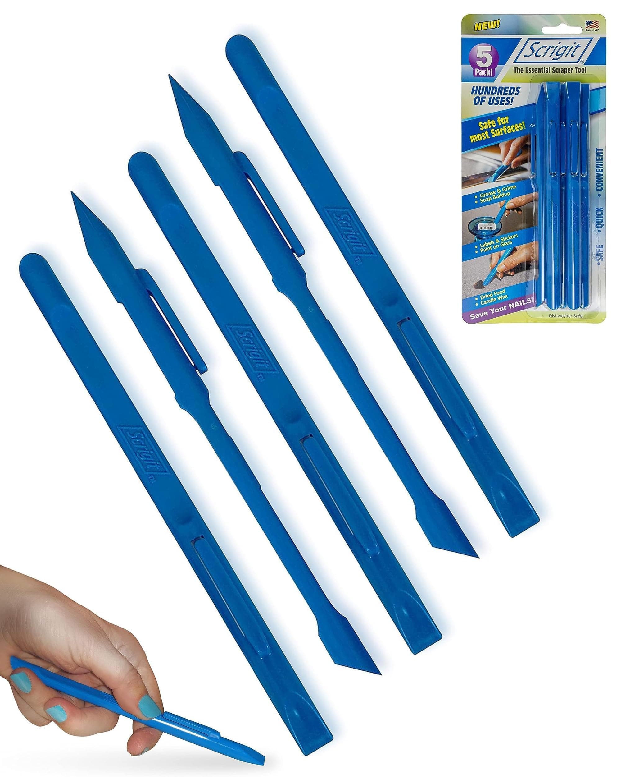 Scrigit Scraper No-Scratch Plastic Scraper Tool, 5 Pack - The Handy Multi-Use Scraping Tool for Removing Food, Labels, Stickers, Paint, Grease - Easy to Hold, Reaches Tight Spaces and Crevices