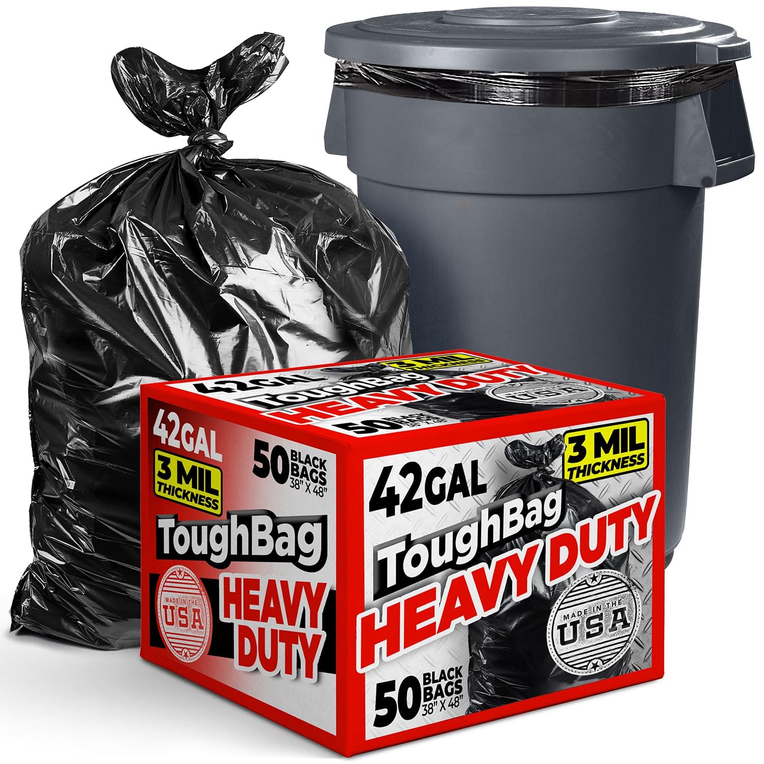ToughBag42 Gallon Contractor Plastic Trash Bags, 3.0 Mil - 50/Case Garbage Bags Black B01LTCQAA6