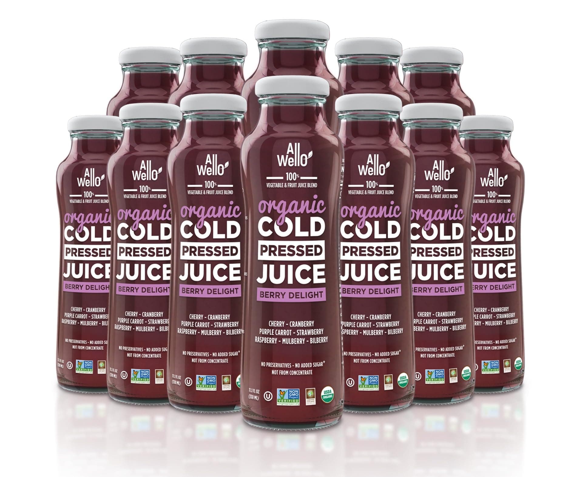 AllWellO Organic Cold Pressed Juice Drinks with Real Fruits and Vegetables Gluten Free Non-GMO Healthy Juices No Preservatives No Sugar Added (Berry Delight, 12 Pack)