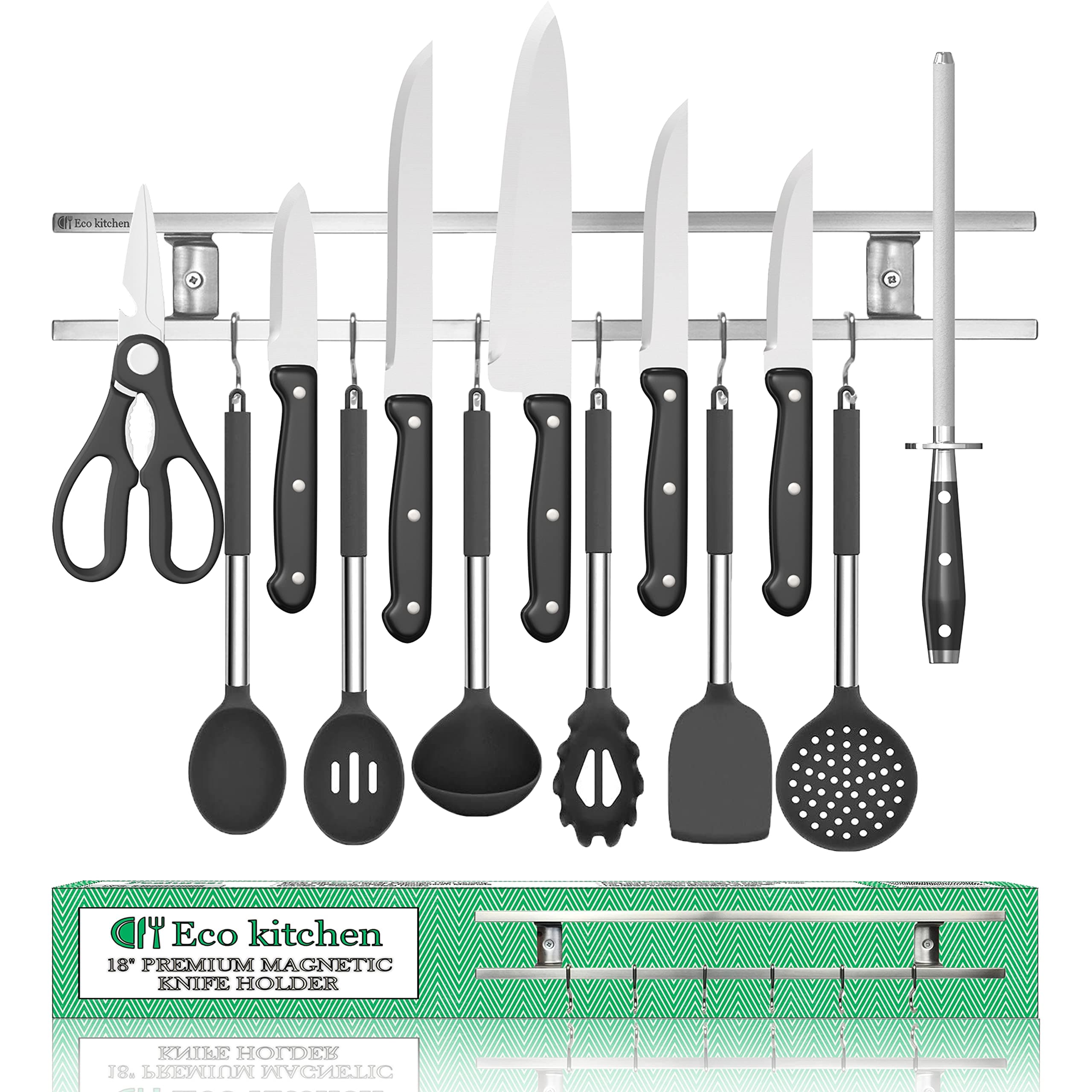 Magnetic Knife Strip 18 Inch - Best Kitchen Magnetic Knife Holder - Wall Knife Magnet - Magnetic Knife Rack Bar With 6 Hooks in Gift Box - 5 Years Guarantee