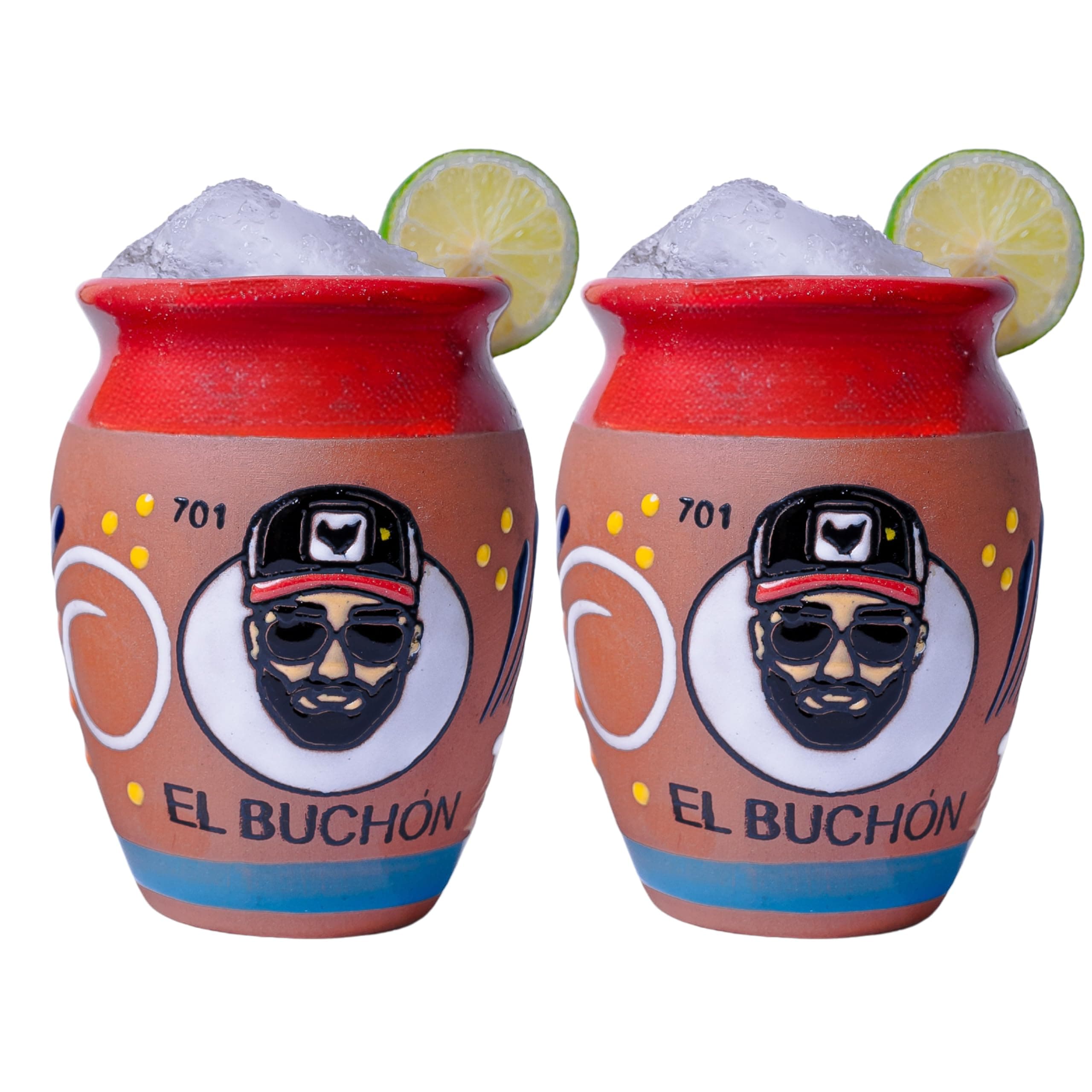Cantaritos de Barro Mexicanos - Set of 2 Authentic Mexican Glazed Clay Mugs 14 oz - Jarritos de Barro Mexicanos - Clay Cups (EL BUCHÓN)