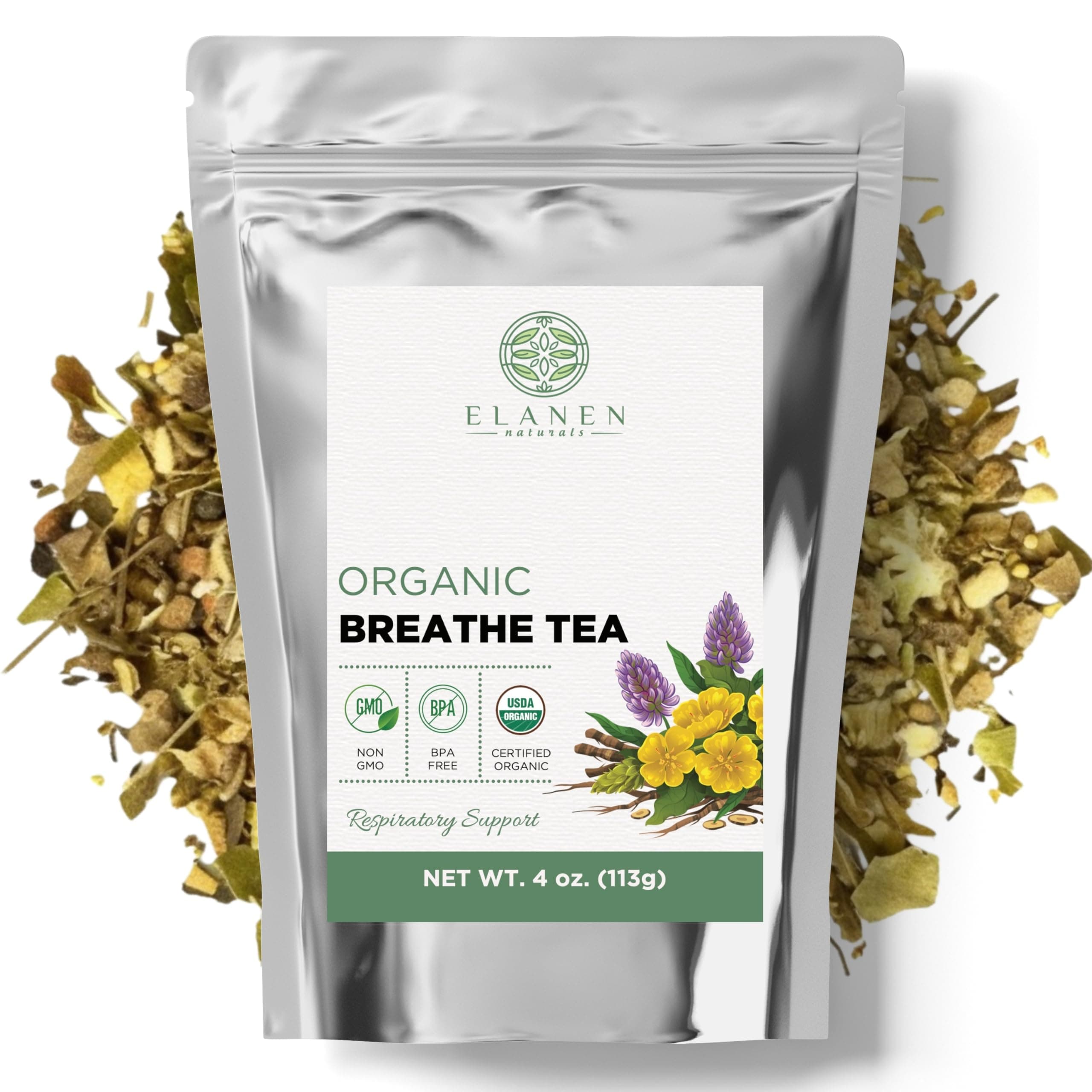 ELANEN naturals Organic Breathe Tea 4 oz. (113g), USDA Certified Organic Lung Tea, Bronchial Wellness Tea, Smokers Tea, Respiratory Tea, Gordo Lobo Herbs Tea, Mullein Detox Lungs Tea Organic