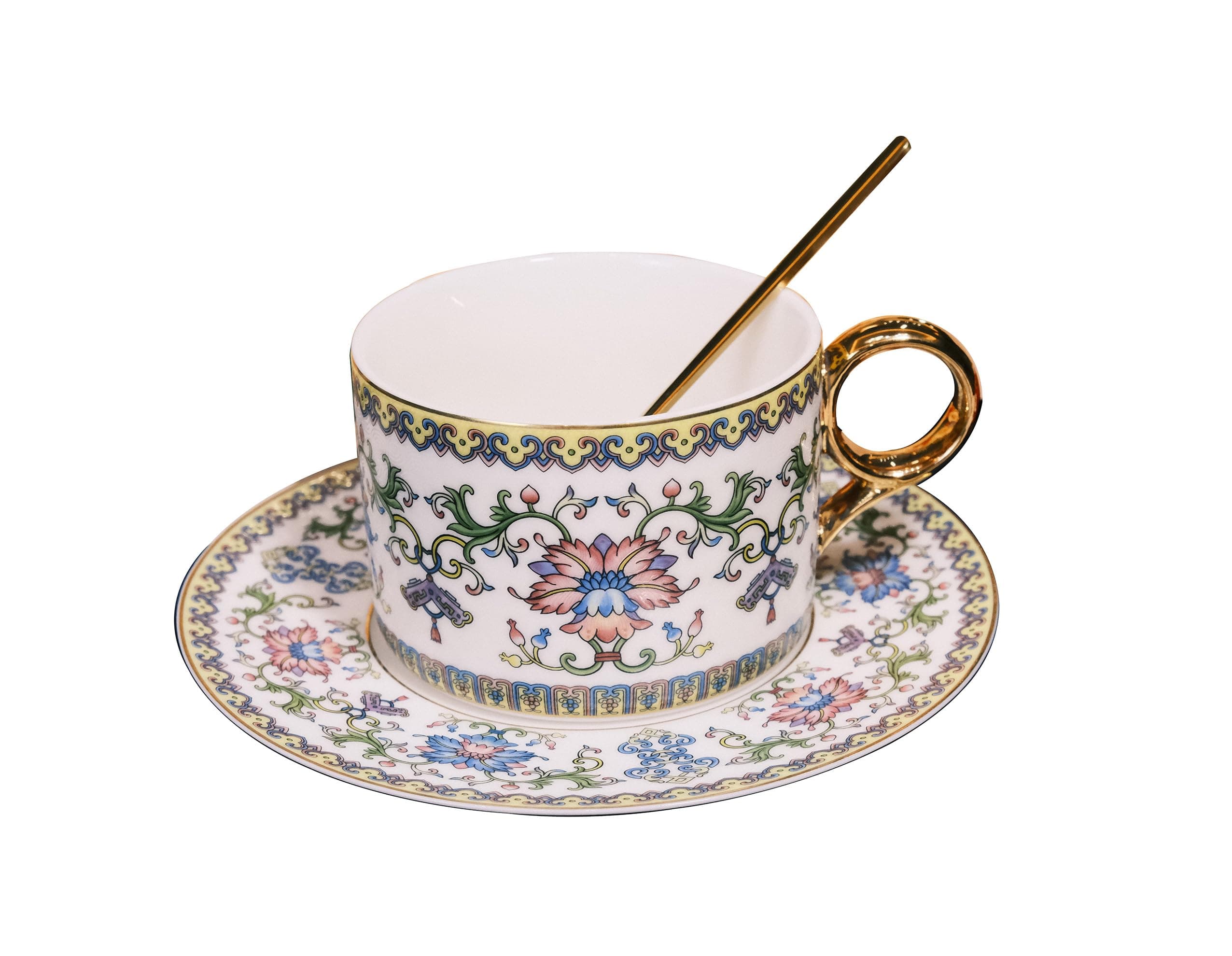 European coffee cups, American, floral, Monet style, bone china grade, use cappuccino, latte, tea, etc. with tray and spoon set. (Enamel color - white)