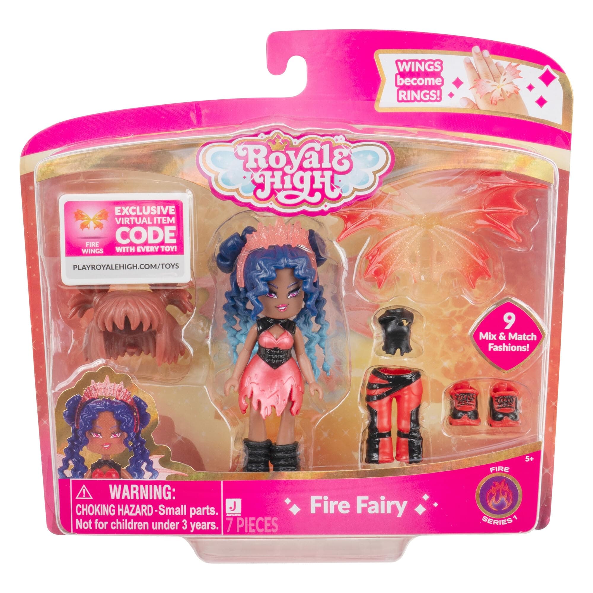 Jazwares Royale High 3-Inch Fire Fairy Fashion Doll - 1 Figure with 9 Fashion Accessories - Virtual Item Code Included - Series 1 - Ages 5+