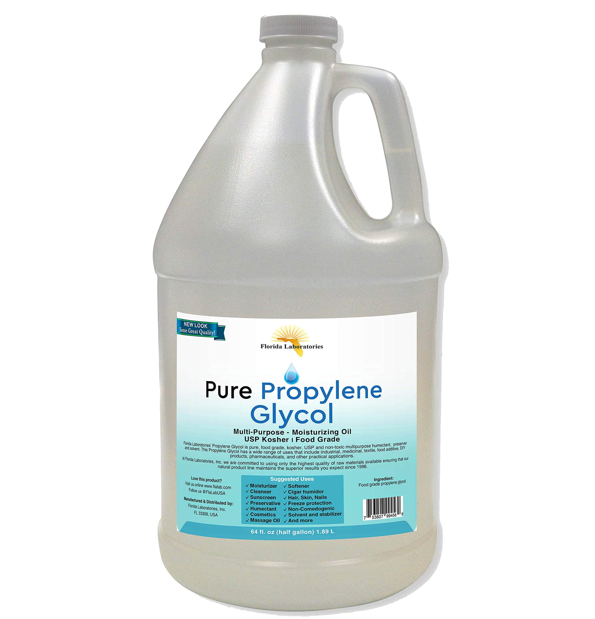 Florida Laboratories, Inc. Half Gallon (64 oz) Propylene Glycol USP PG Kosher 99.9% Pure Food Grade …
