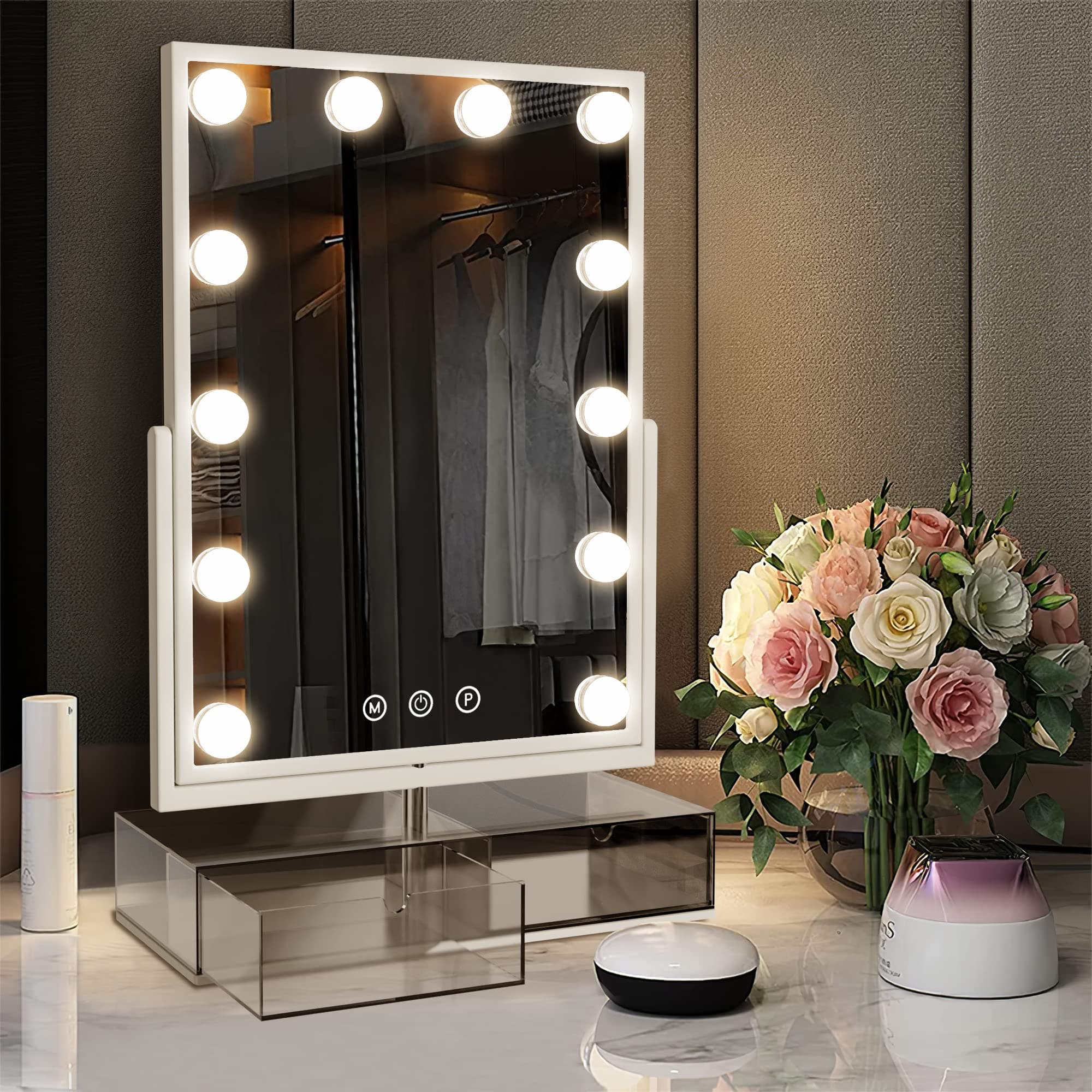 NeuType 21"x13" Hollywood Vanity Mirror for Makeup 360°Rotation Lighted Makeup Mirror with Smart Touch Control,12 Dimmable Bulbs,5X Magnification,3 Color Lighting Modes,Matte White