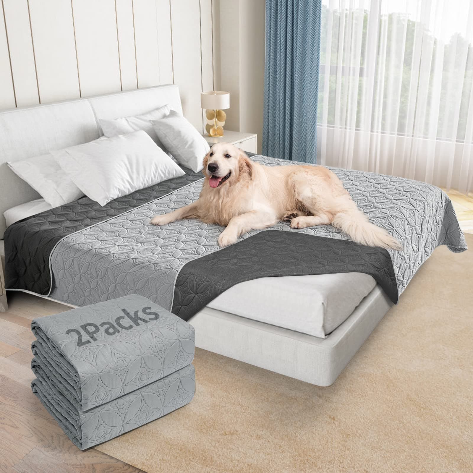 2 Packs Waterproof Dog Blankets Washable for Large Dog, Pet Couch Covers Protect Bed Sofa Furniture, Soft Reversible Dog Blankets Anti Scratches Dirty for Puppy Kids (82"×102", Light/Dark Grey)