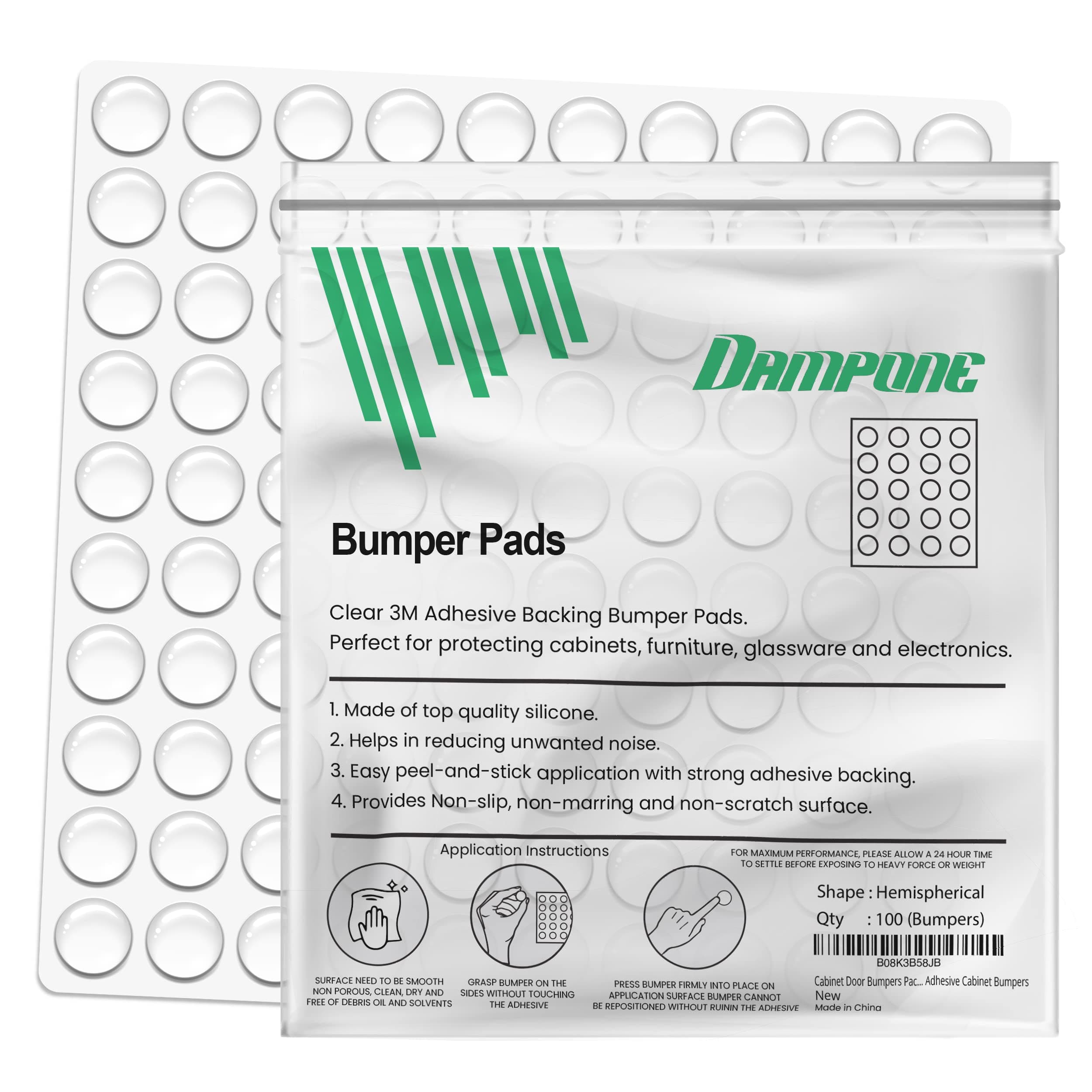 Cabinet Door Bumper 100 Pack Clear Self Adhesive Cabinet Bumpers Sound Dampening Pads for Kitchen Cabinets, Drawers (Hemispherical)