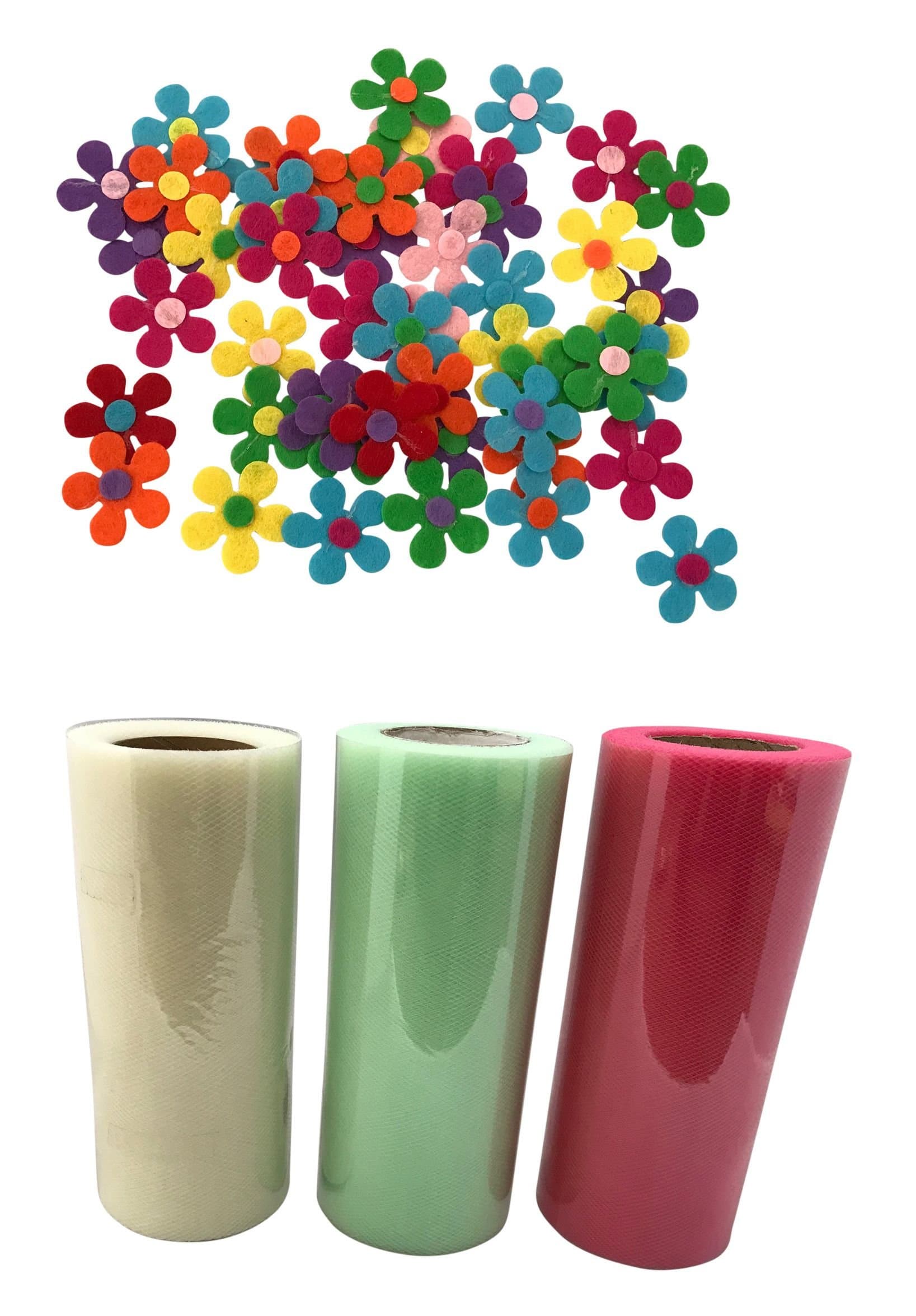 Tulle Bundle - Coral, Mint, Ivory 6"x 25' with Felt Fabric Flower Embellishments