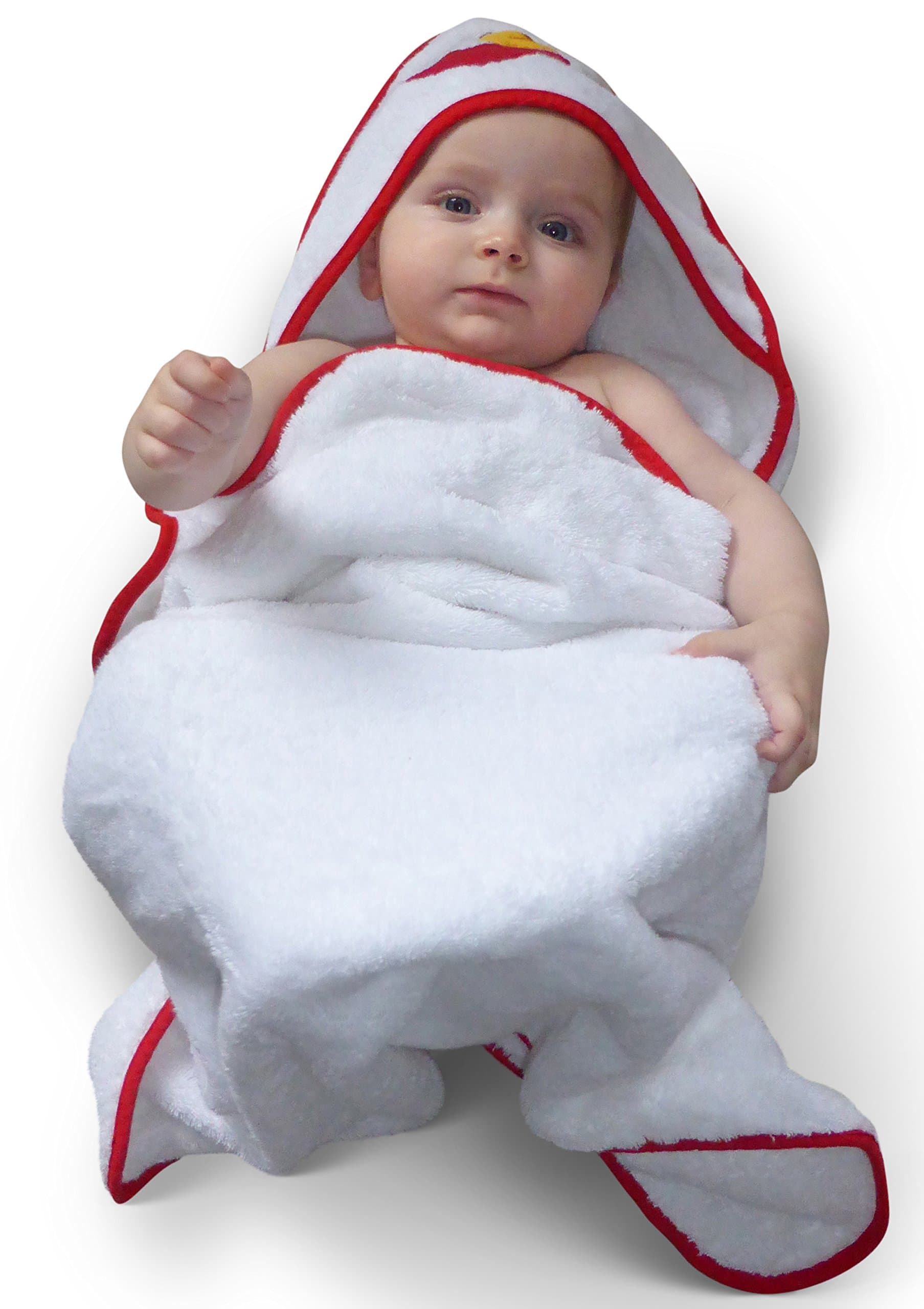 Luxury Organic Cotton Hooded Bath Towel for Baby & Toddler; Large, Thick, White with Red Trim, Super Soft, Double Sided Terry & Hypoallergenic - an Ideal Gift by Contented Infant¨