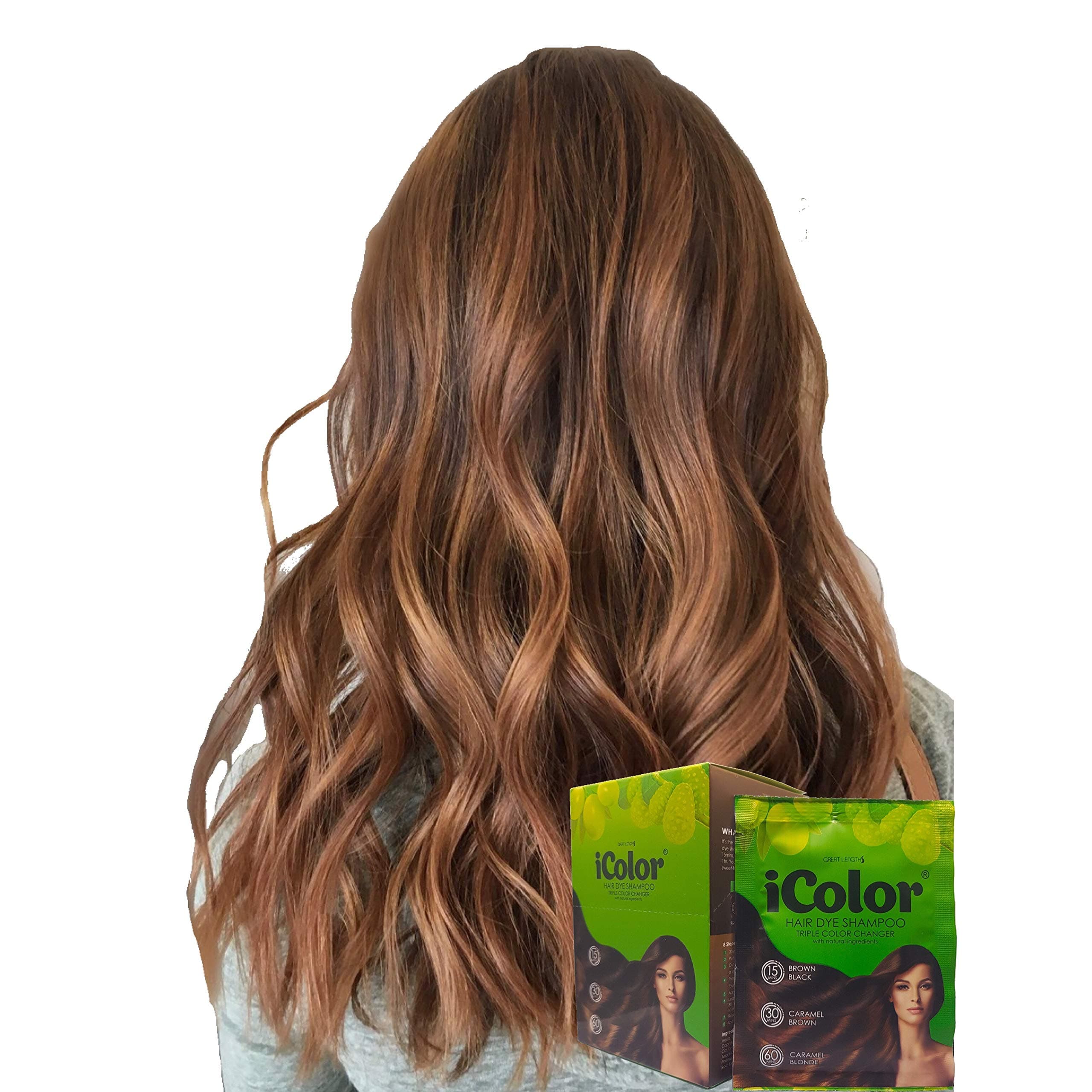 iColor Hair Dye Shampoo Triple Color Changer 25ml (0.85 Oz) x 10 sachets in a box, Permanent hair color, dye, Brown Black, Caramel,Blond