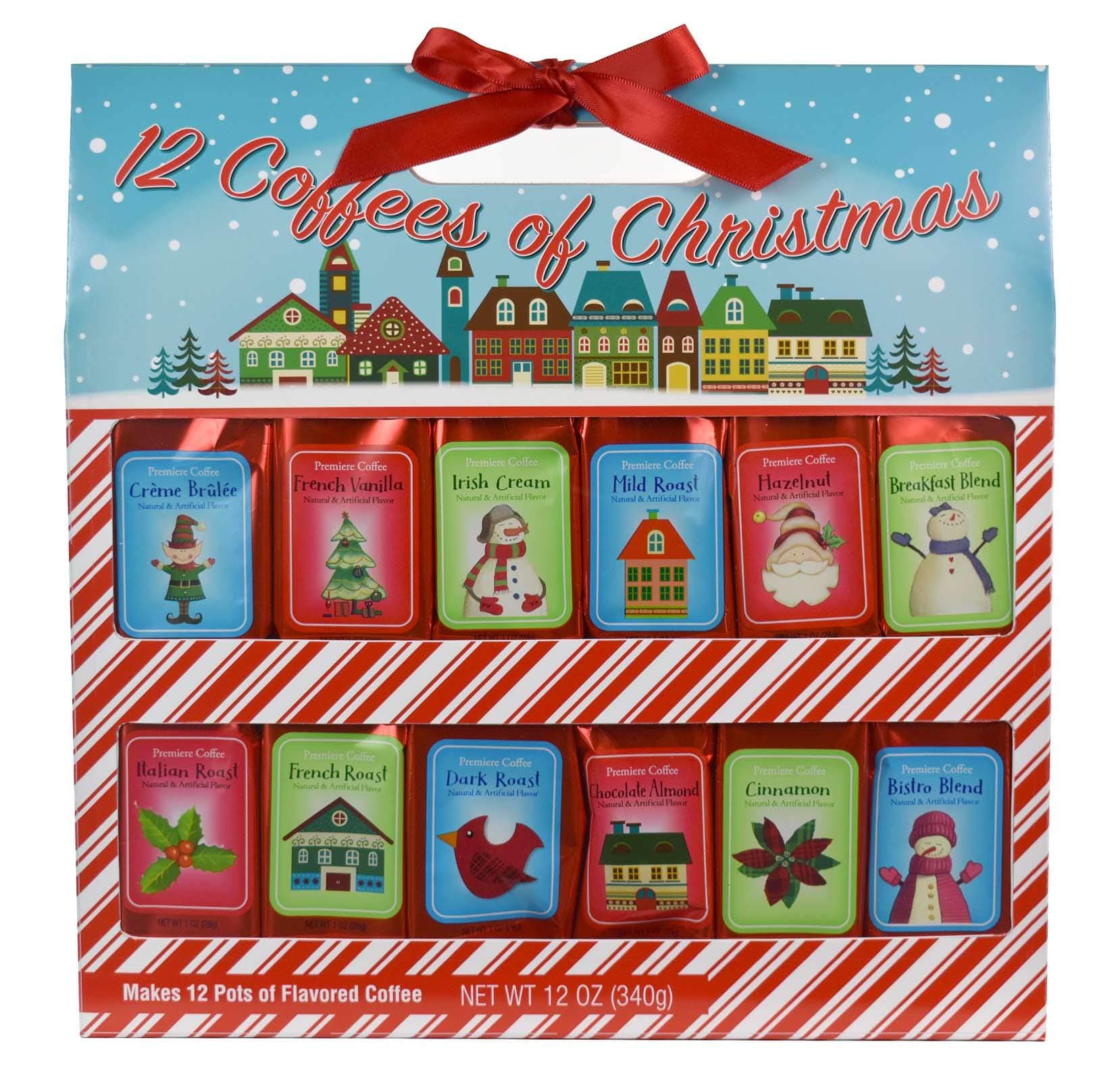 Holiday 12 Gourmet Coffee Of Christmas | Creme Brulee Vanilla Irish Cream Mild Roast Hazelnut Breakfast Blend Italian French Dark Chocolate Almond Cinnamon Bistro | Sampler Variety Gift Set (Coffee)