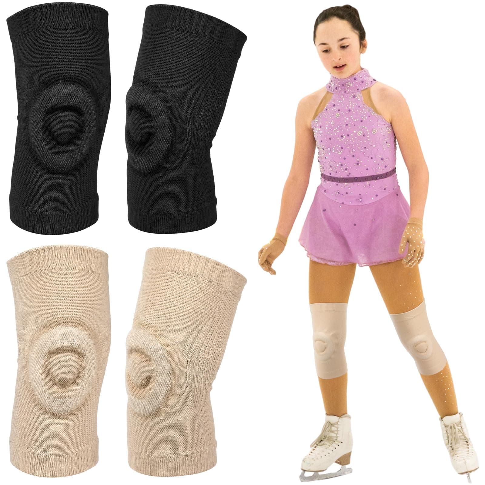 Shappy 2 Pair Figure Ice Skating Knee Pads Gel Dance Knee Pads Cushion and Support Breathable Material for Dancing Skating Women Girl Men(Medium,Beige and Black)