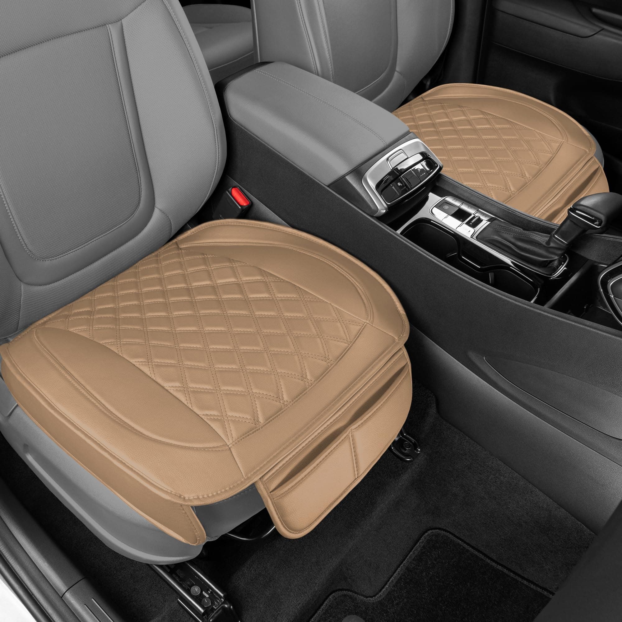 Motor Trend Car Seat Covers Cushion for Cars Trucks SUV - Diamond Double Stitch Faux Leather Beige Padded with Storage Pockets, Premium Interior Automotive Accessories, 2-Pack