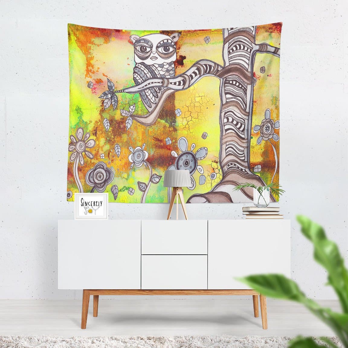 Surreal Owl abstract colorful boho wall hanging tapestries. Bohemian gypsy art design mixed media funky original home decor accessories.