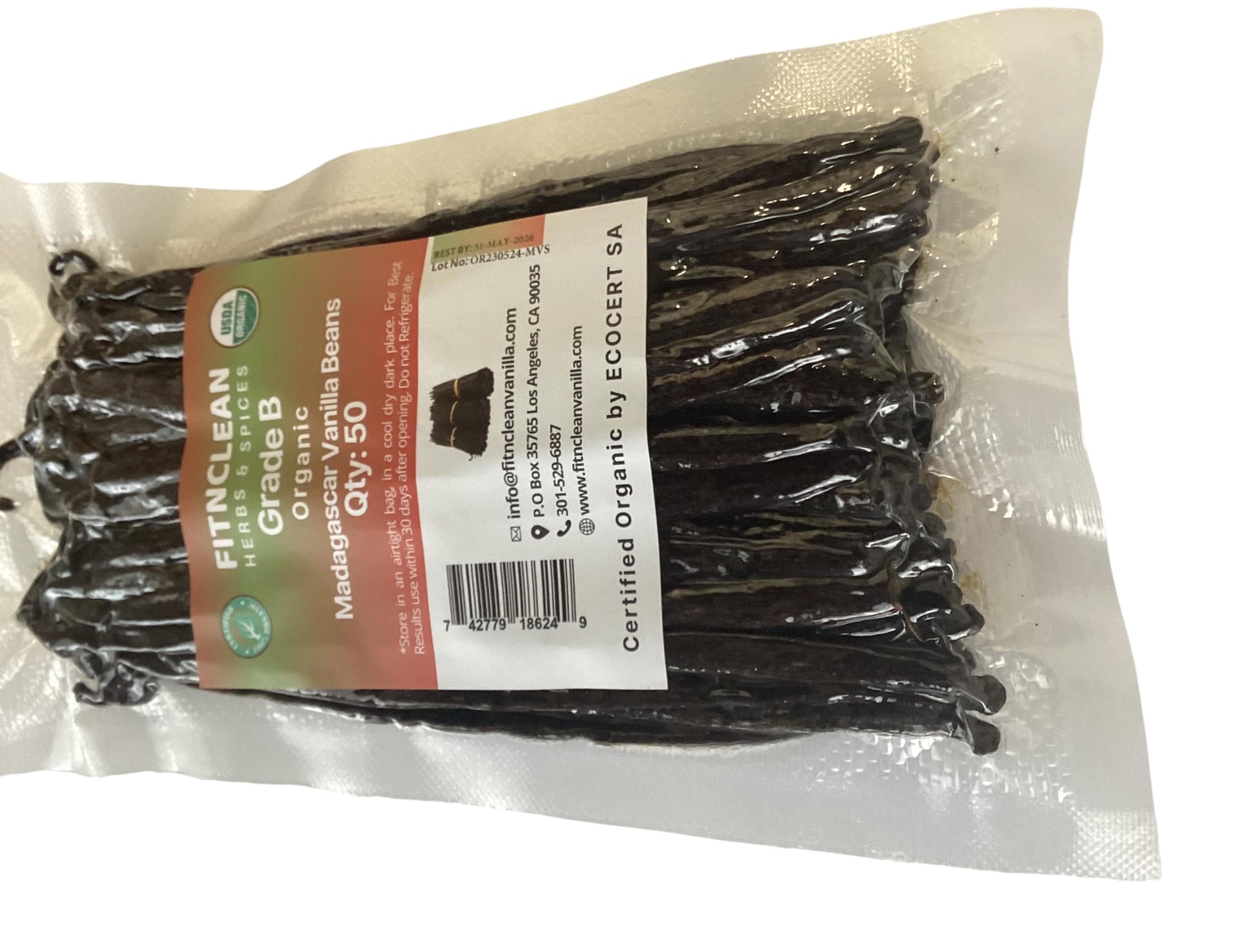 50 Madagascar Organic Vanilla Beans Grade B. Certified USDA Organic. 5"-7" by FITNCLEAN VANILLA for extract, Cooking and Baking. Whole NON-GMO Bourbon Pods