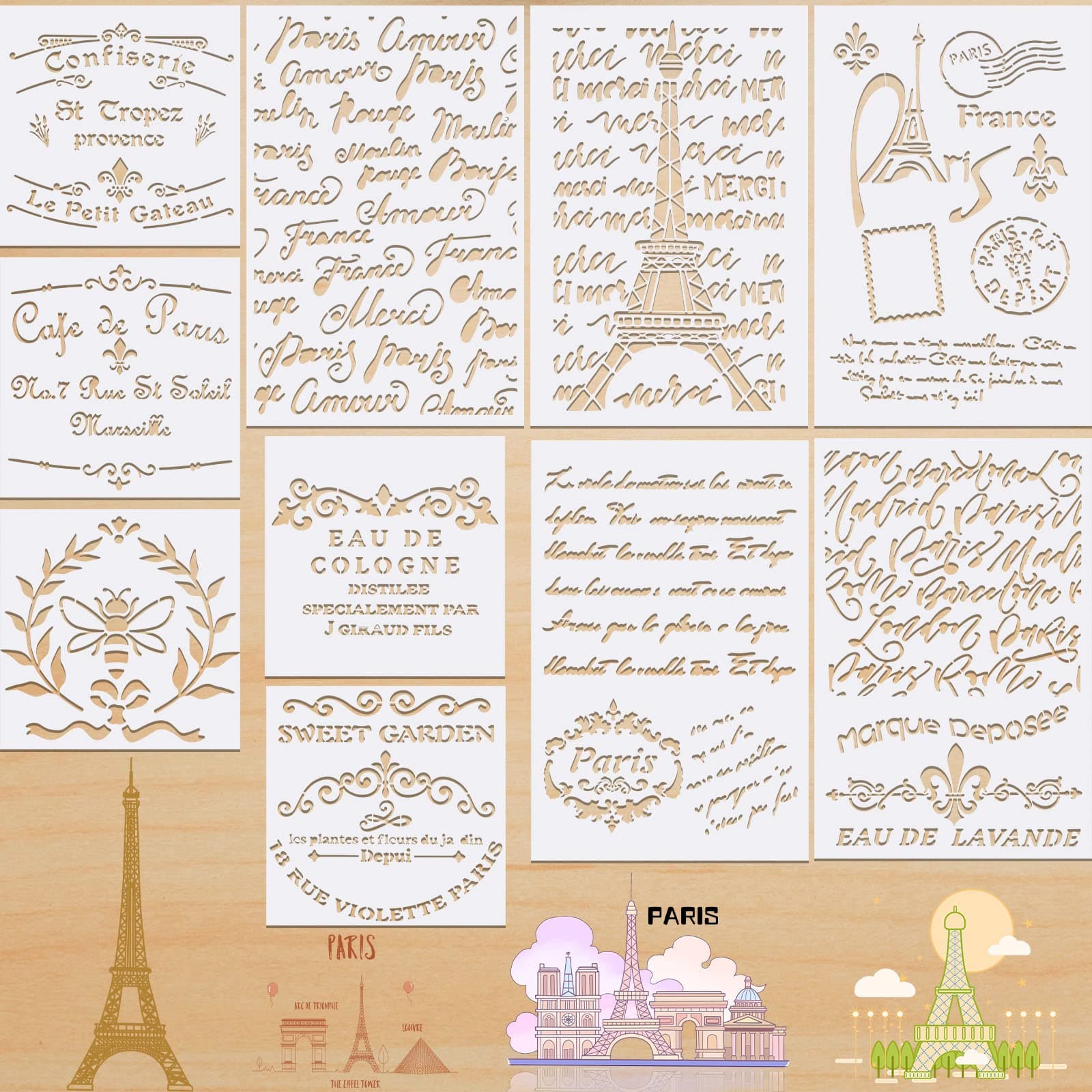Chinco10 Pieces French Script Stencil Cafe Paris Stencil Art Deco Template for Painting on Walls Furniture Crafts