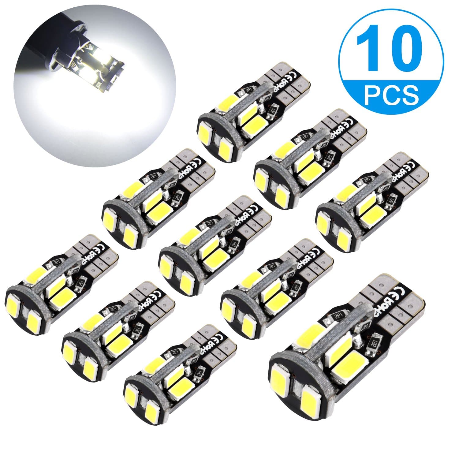 Stripsun Super Bright 12V LED Light Bulbs, 5730 Chipset T10 Wedge W5W 168 194 2825 10-SMD Car Replacement Interior Lights for Dome Map Door Courtesy License Plate Lights, White (Pack of 10)