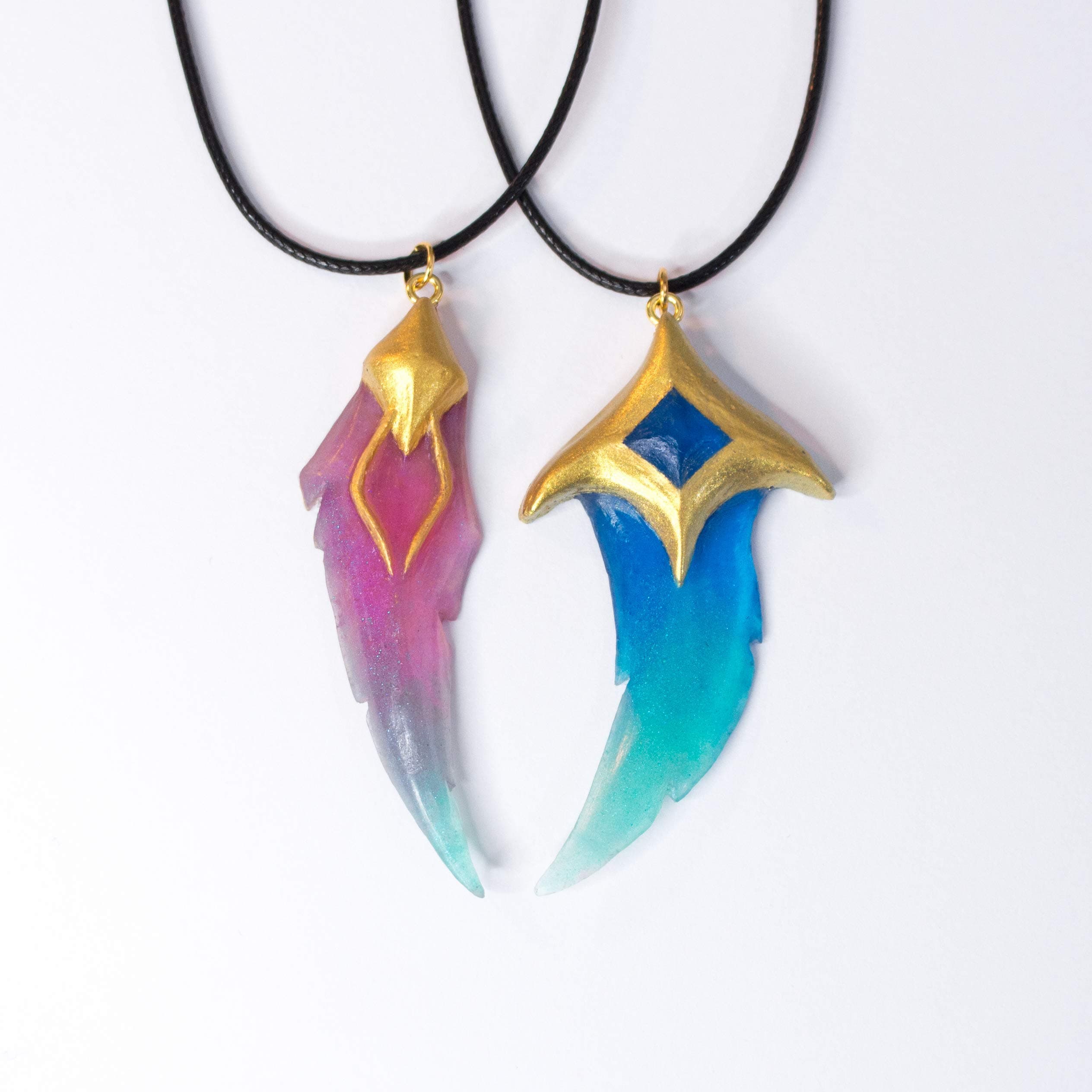 Star Guardian Xayah and Rakan necklaces pendants from League of Legends LOL with feather half hearts