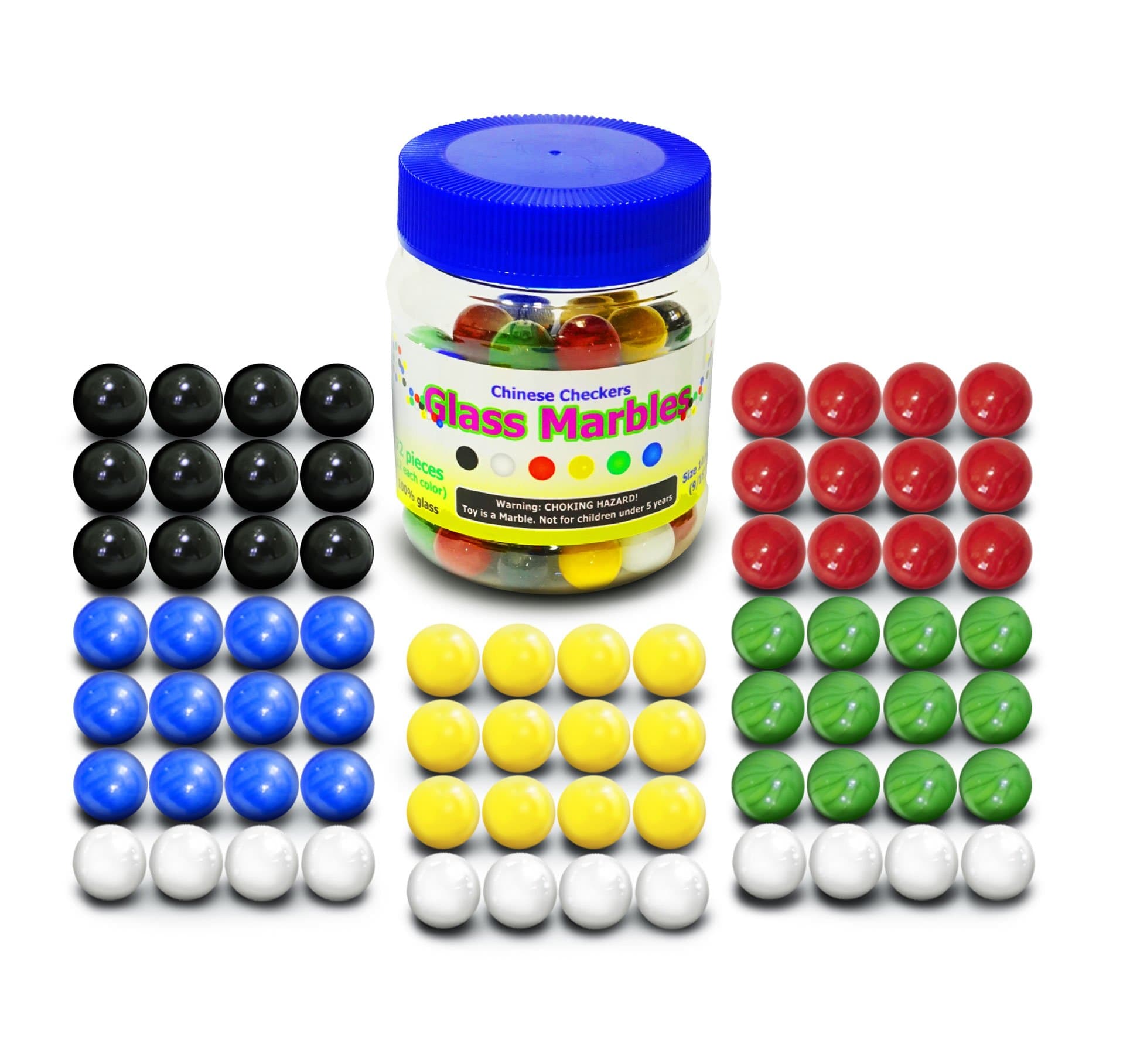 TOGETICSuper Value Depot Chinese Checkers Glass Marbles. Set of 72, 12 each Color. Size 9/16” (14mm), with Practical Container.