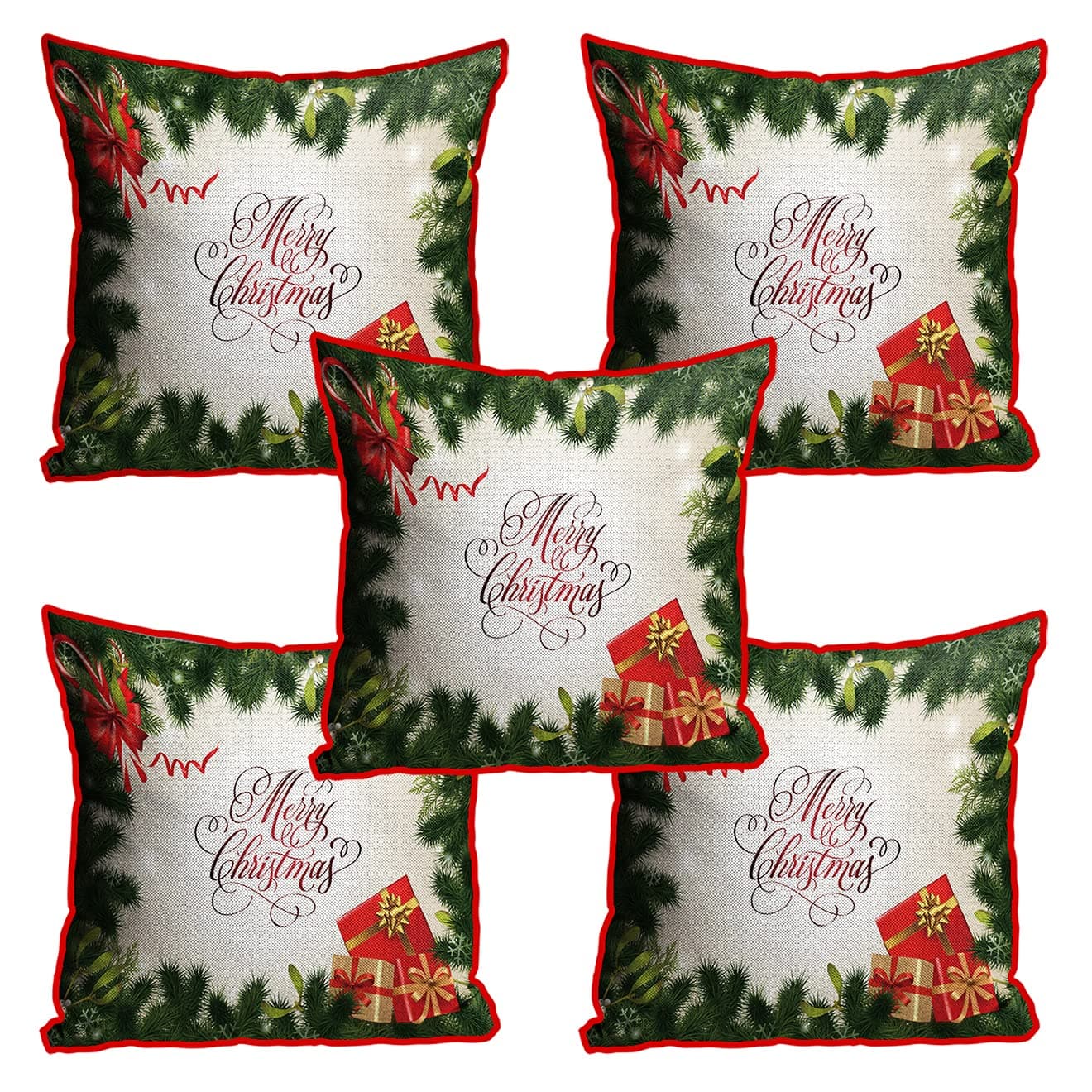 MUKESH HANDICRAFTS Jute, Polyester Fabric 200 TC Merry Christmas Cushion Cover (Multicolour, 16X16 Inches) -Set of 5