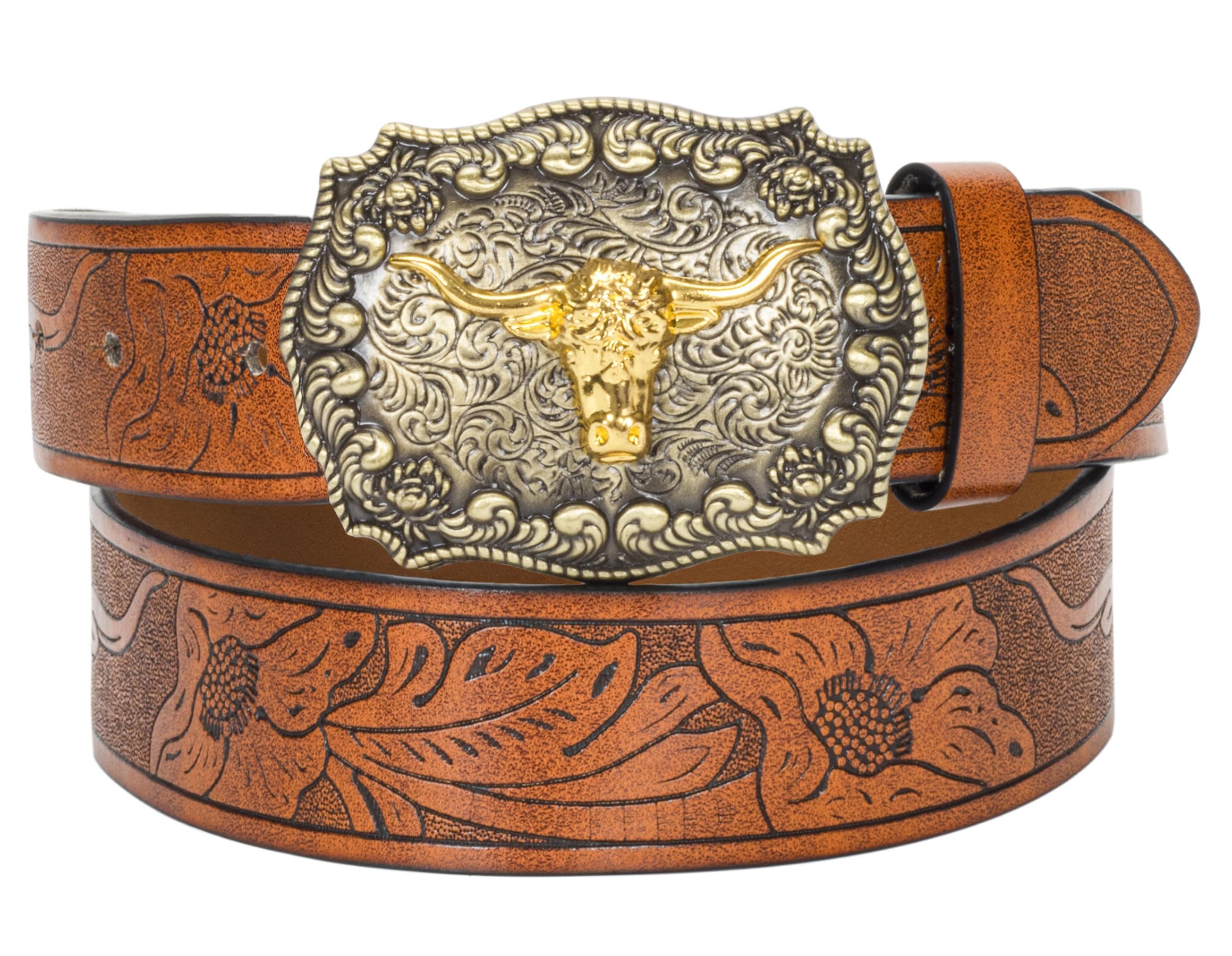 Western-PU-Leather-Belts for Men and Women Cowboy-Cowgirl Longhorn-Bull-Pattern-Engraved-Buckle-Belt for Unisex