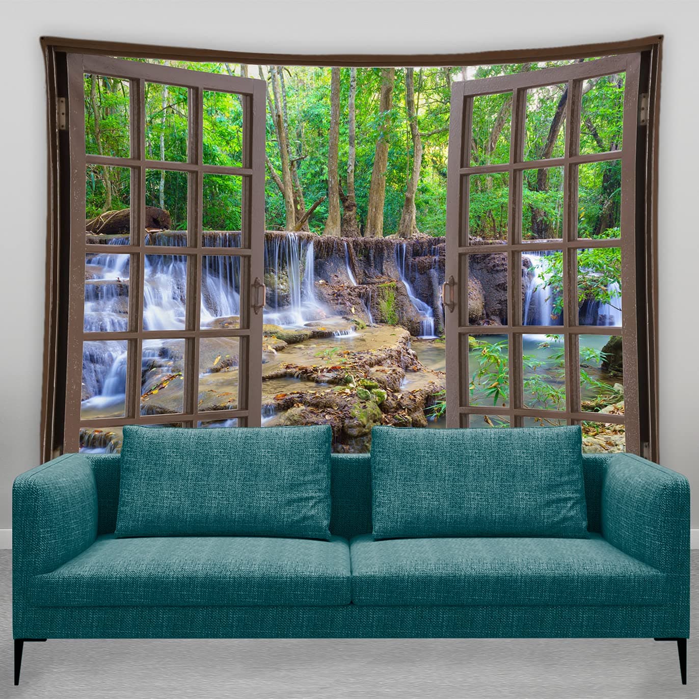 AMFD Forest Waterfall Tapestry Vivid Waterfall Tropical Nature Scenery Through Brown Window Green Home Decor Wall Hanging Art for Living Room Bedroom Dorm 90x70 Inch