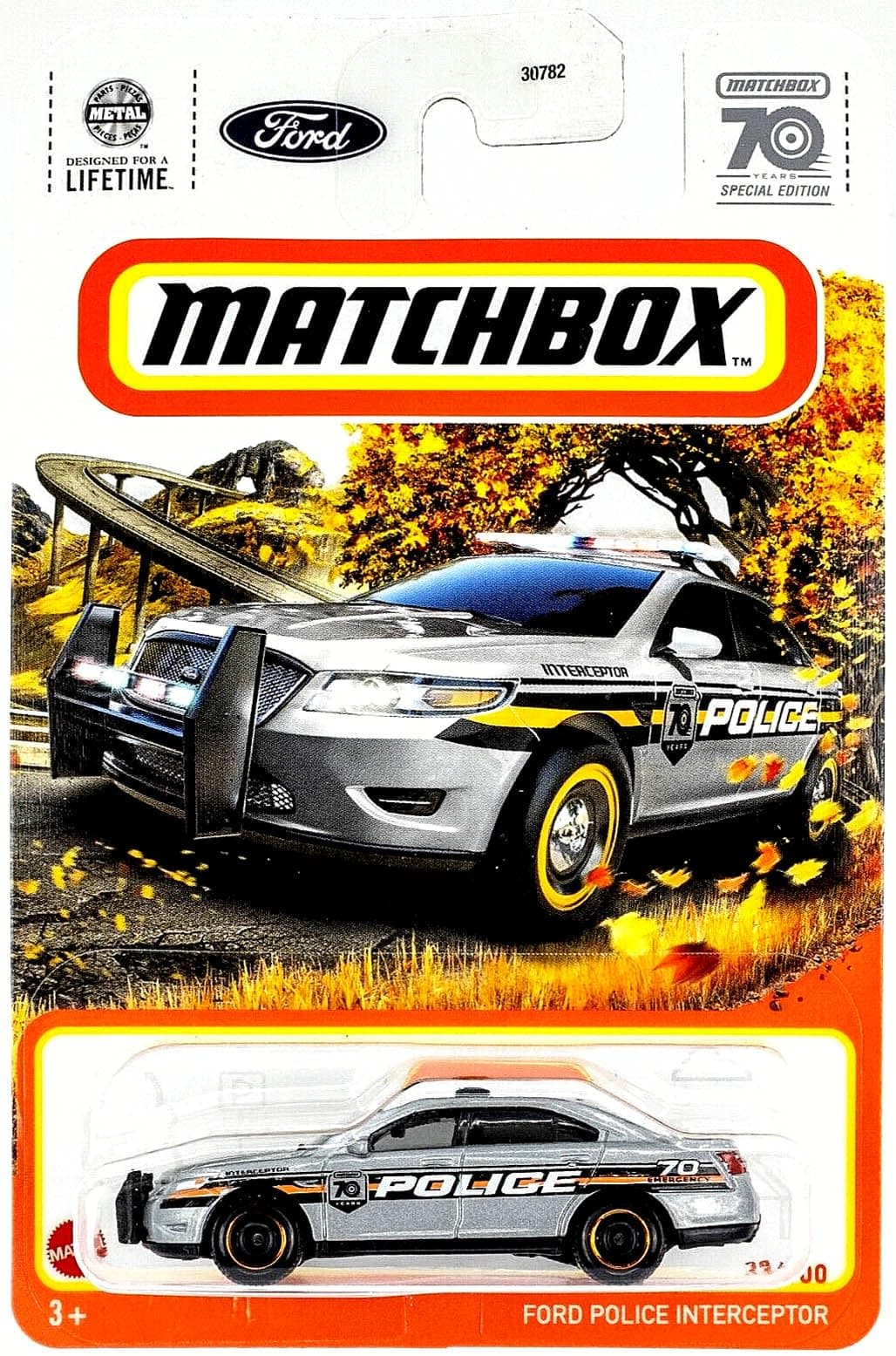 Matchbox Ford Police Interceptor, 70 Years Special Edition 23/100 - Blue, Diecast Car, 1:64 Scale, Police Theme, Pull-Back Action, Ages 3+