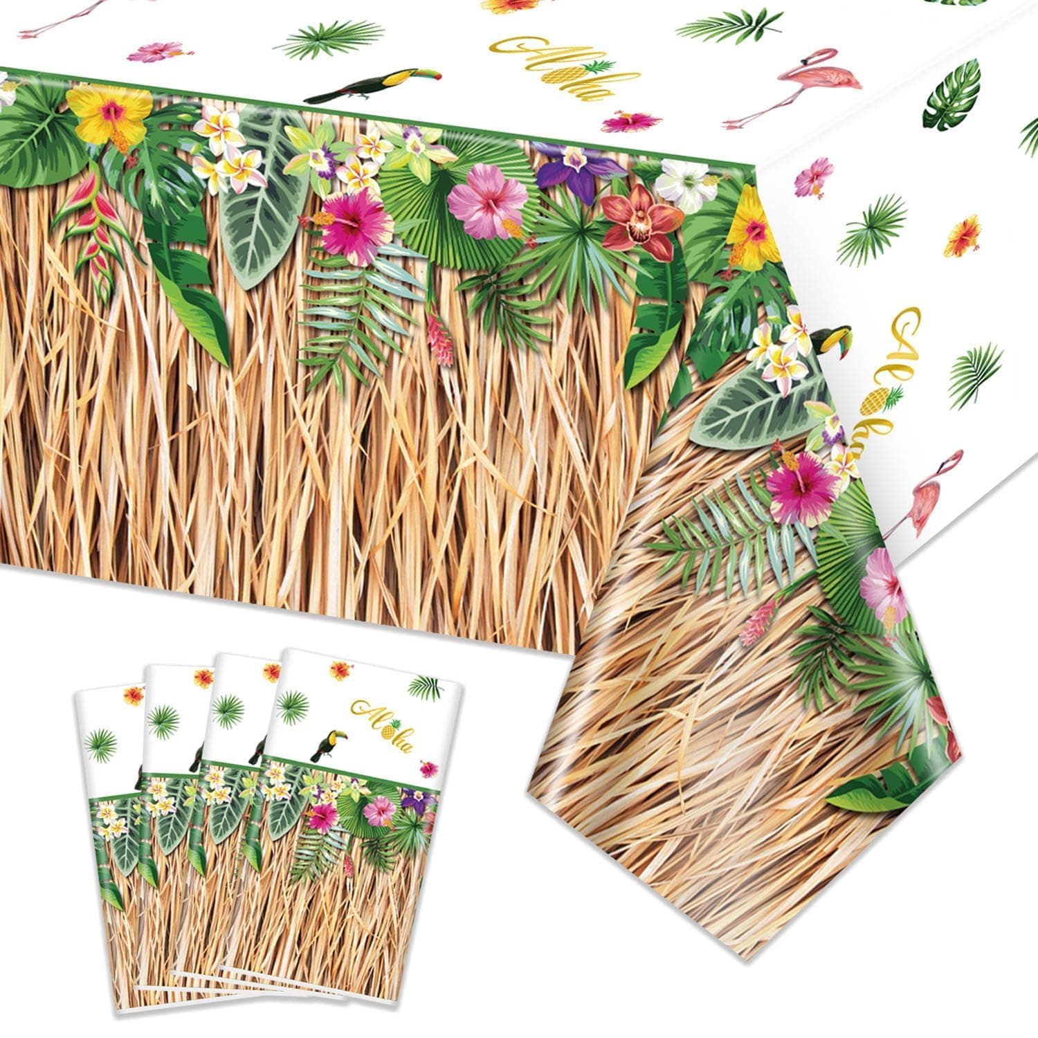 4 Pack Hawaiian Luau Grass Tablecloths, Hawaii Luau Party Decorations, Table Skirt Tablecloth Tropical Palm Tablecover for Summer Beach BBQ Tropical Ahola Party Baby Shower, 220 x 130cm