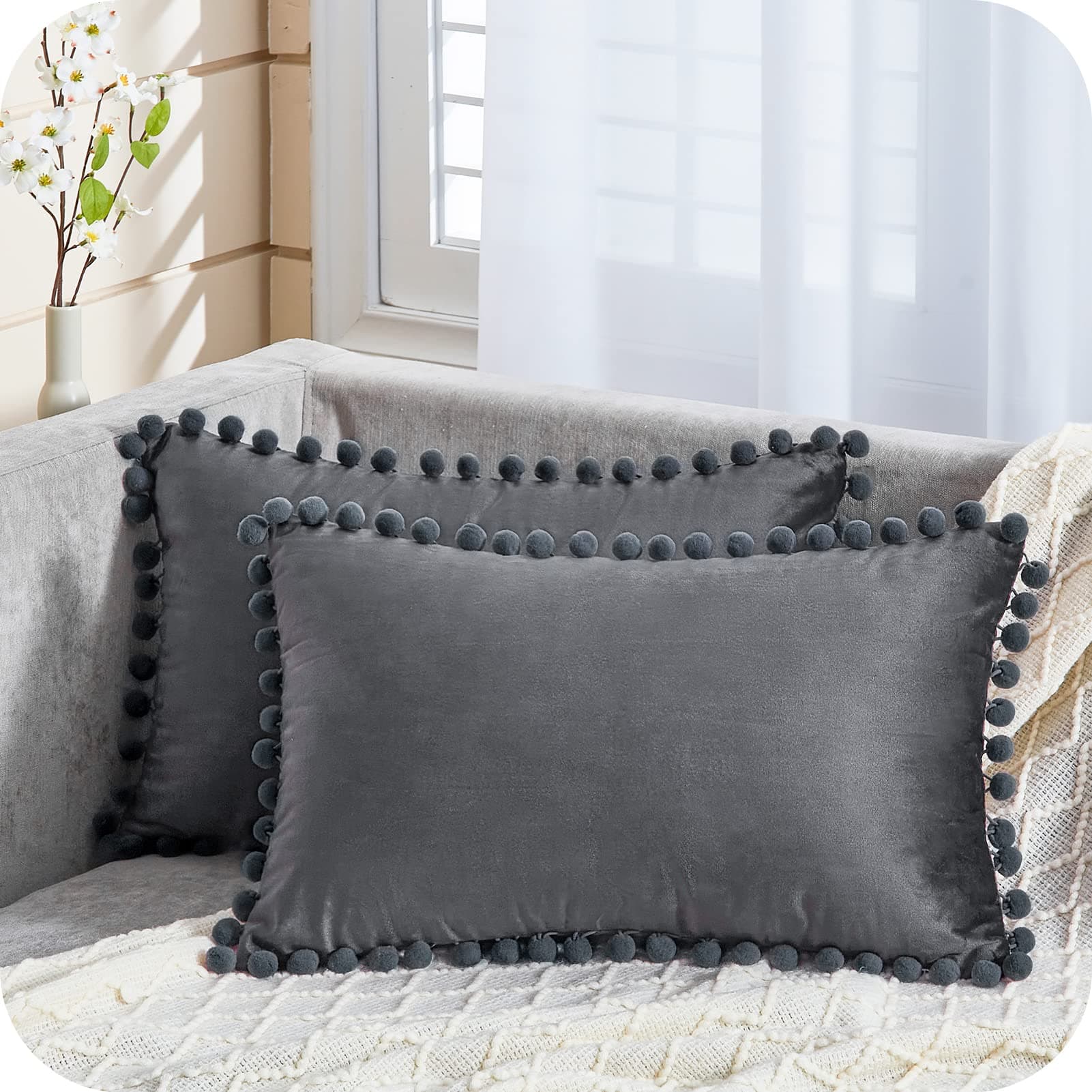 Topfinel Dark Grey Oblong Cushion Covers 12x20 Inch Velvet Soft Decorative Throw Pillowcase for Office Sofa Bedroom 30cmx50cm,Pack of 2…