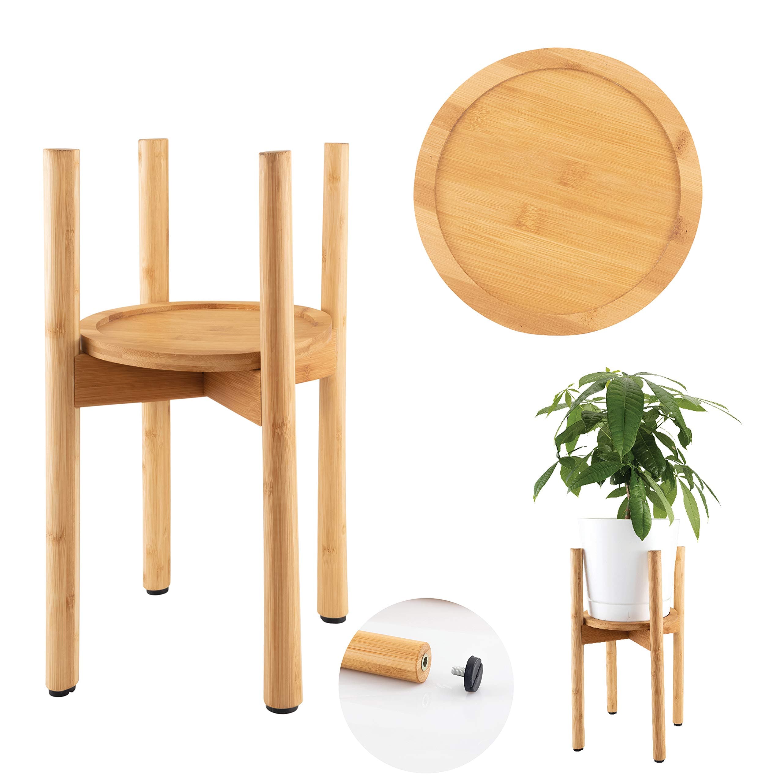 Plant Stand - Mid Century Flower Pot Holder- Indoor Modern Bamboo Stand - Fits 7" Pot -Saucer Tray- Pot and Plant Not Included