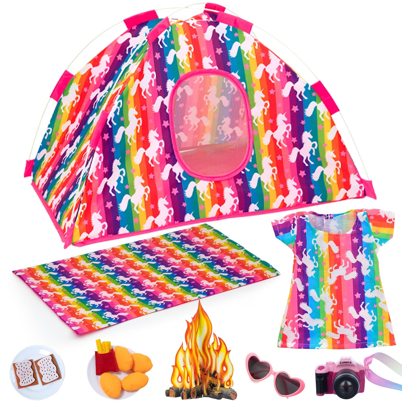 K.T. Fancy 8 PCS 18 Inch Girl Dolls Camping Tent Set Clothes and Accessories Including Doll Tentage, Doll Clothes, 2 Food Set, Sunglasses, Camera, Picnic Blanket and Bonfires