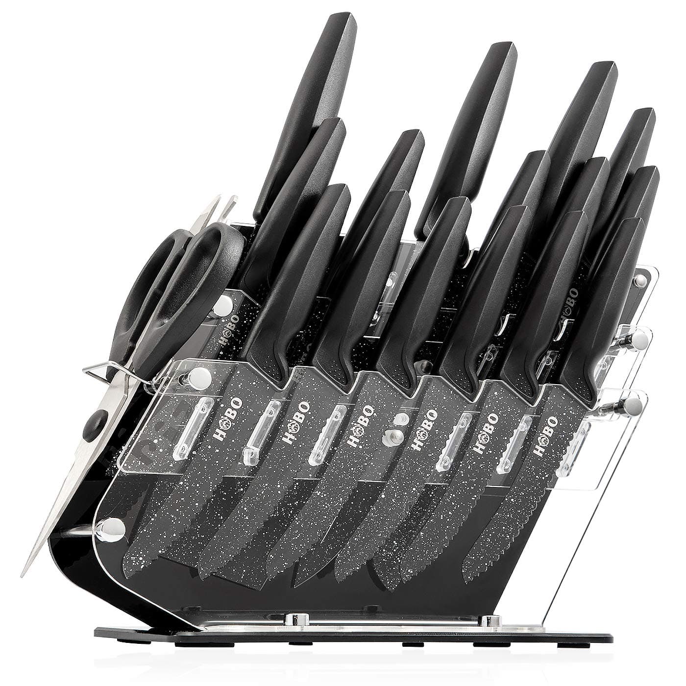 Knife Set, HOBO 17-Piece Kitchen Knives Set, German Stainless Steel Chef Knife Set with Acrylic Block, 6 Steak Knives, Professional Non-Slip Handle, Kitchen Scissors, Cooking Black Knife Set